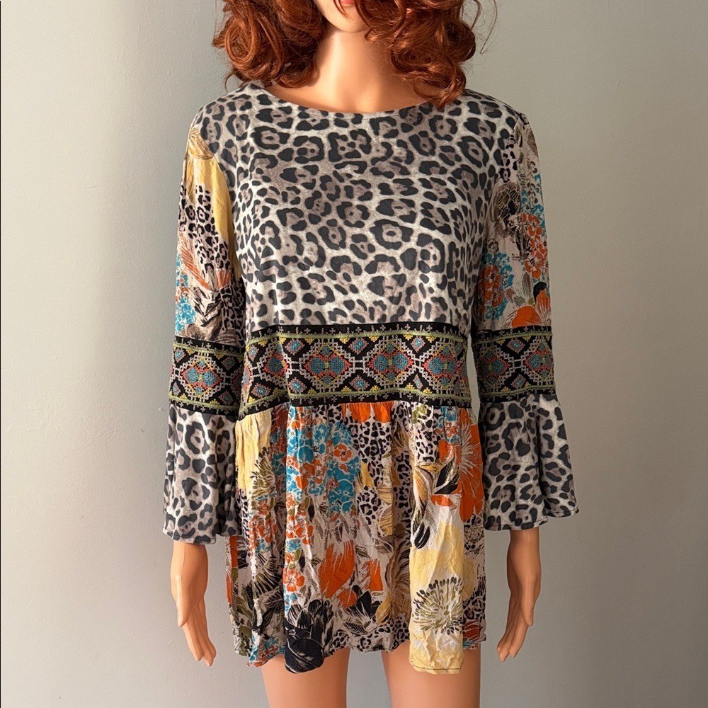 Y2K Sharon Young Leopard Peasant Fairy Floral Top Tunic Boho Vintage Boho M