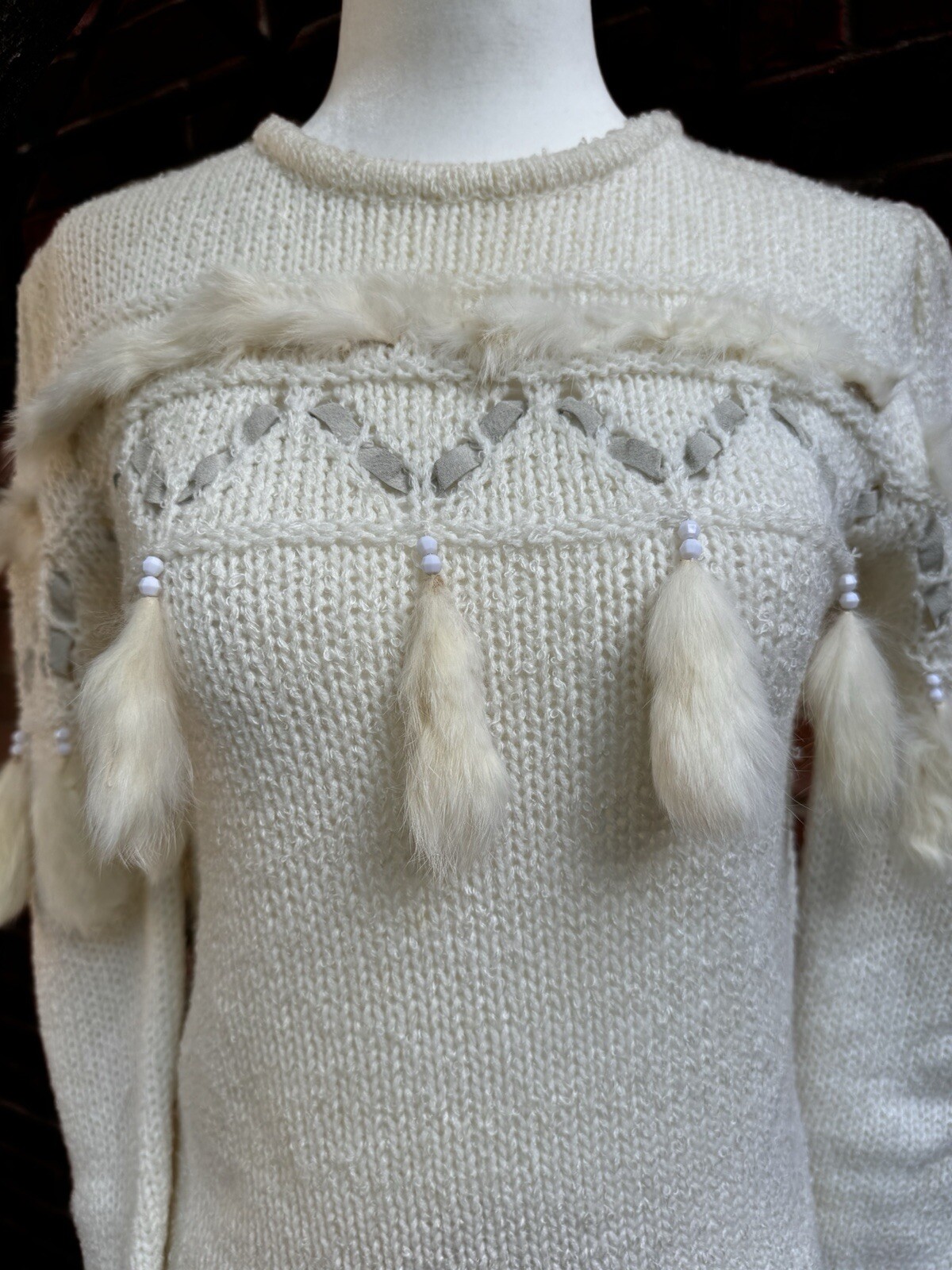 Vintage 1970s-80s Ivory Sweater With Leather Trim & Rabbit Fur Tassels Size XS-S