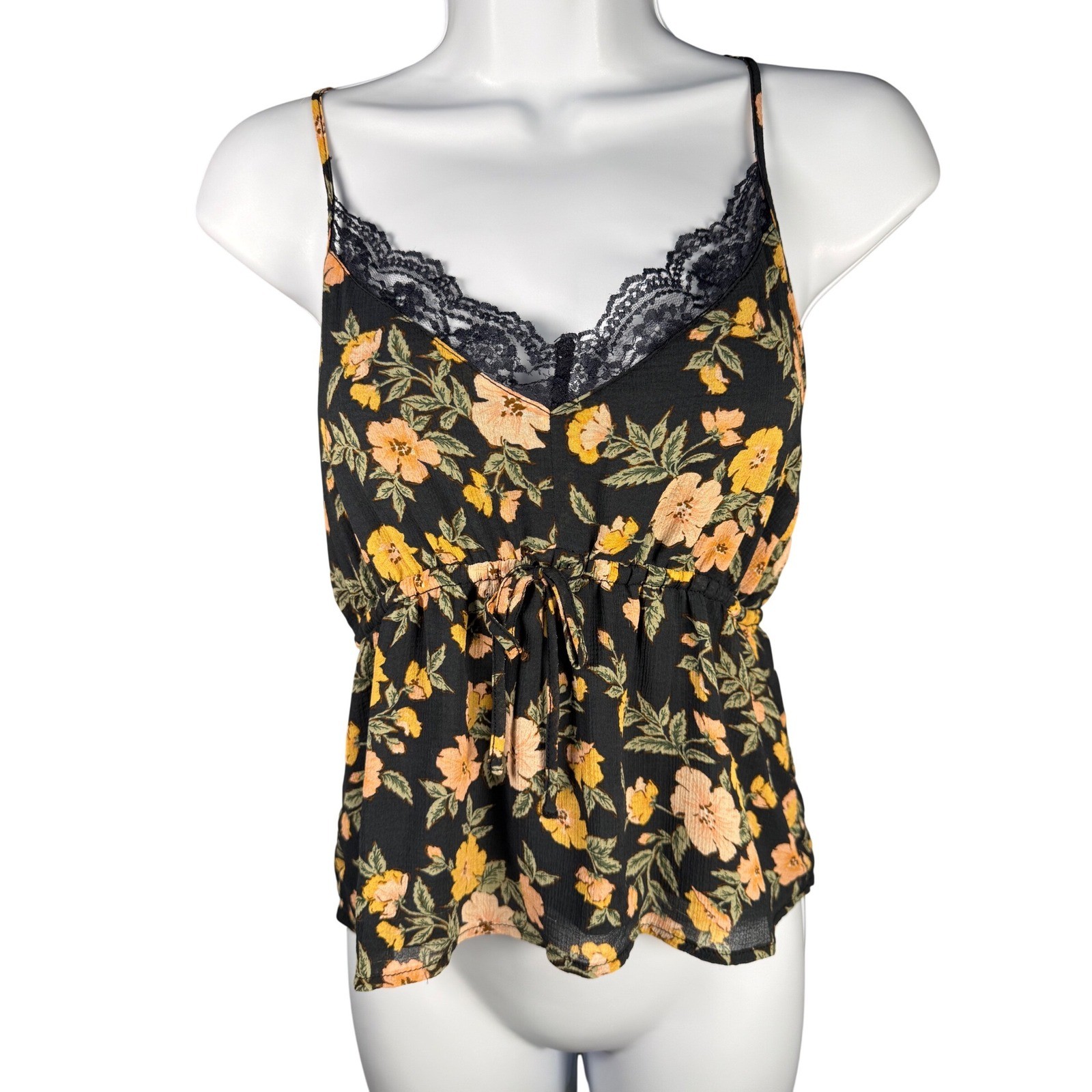American Eagle Floral Lace Trim Cami Babydoll Tank Y2K Boho Cottagecore