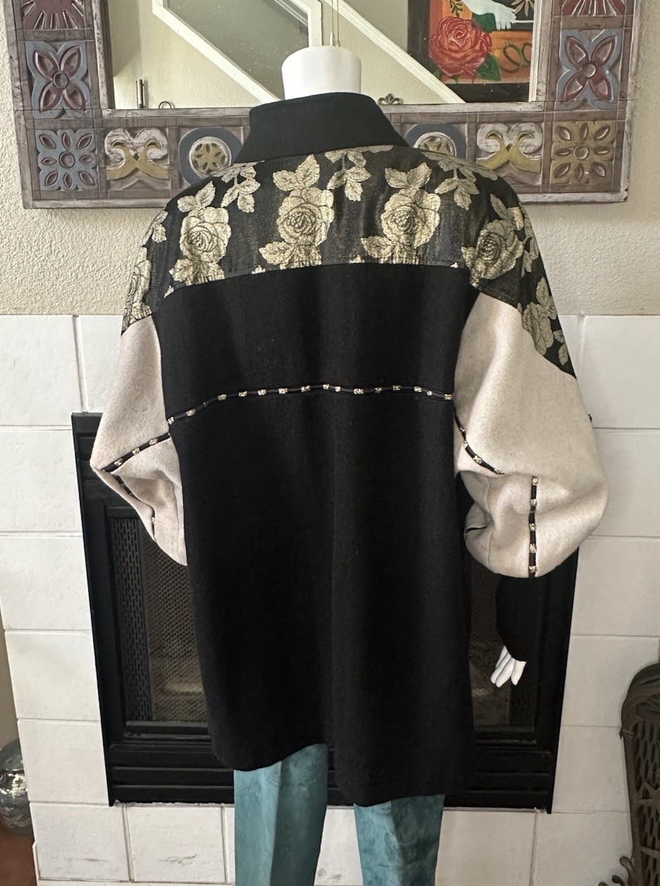 Vtg Wool Coat XL Lady Suzette Black Gold 80s Glam Zip Up Jacket Bat Wing Sleeves