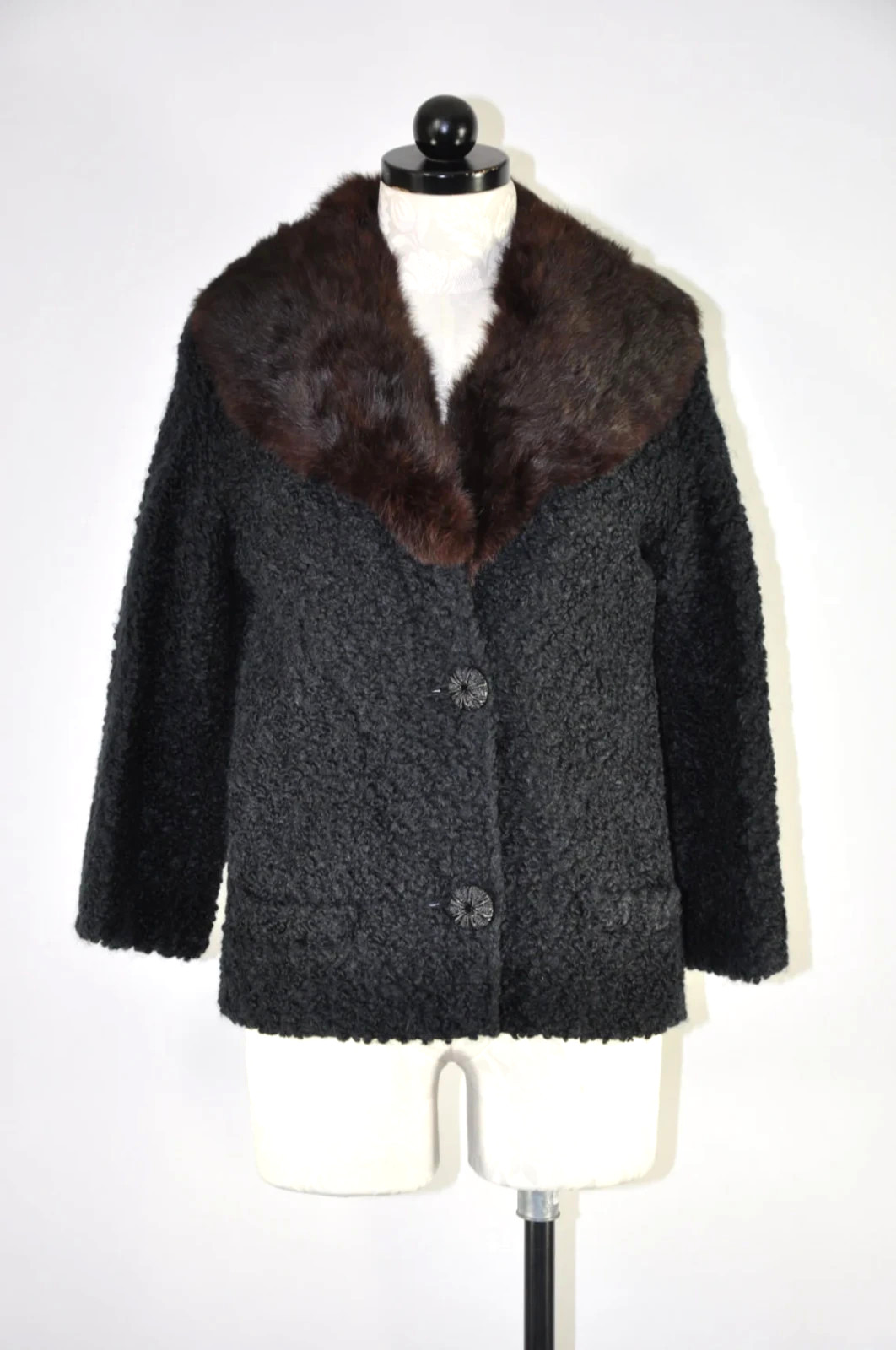 50s Black Boucle Brown Mink Fur Collar Boxy Evening Jacket Short Coat Women M