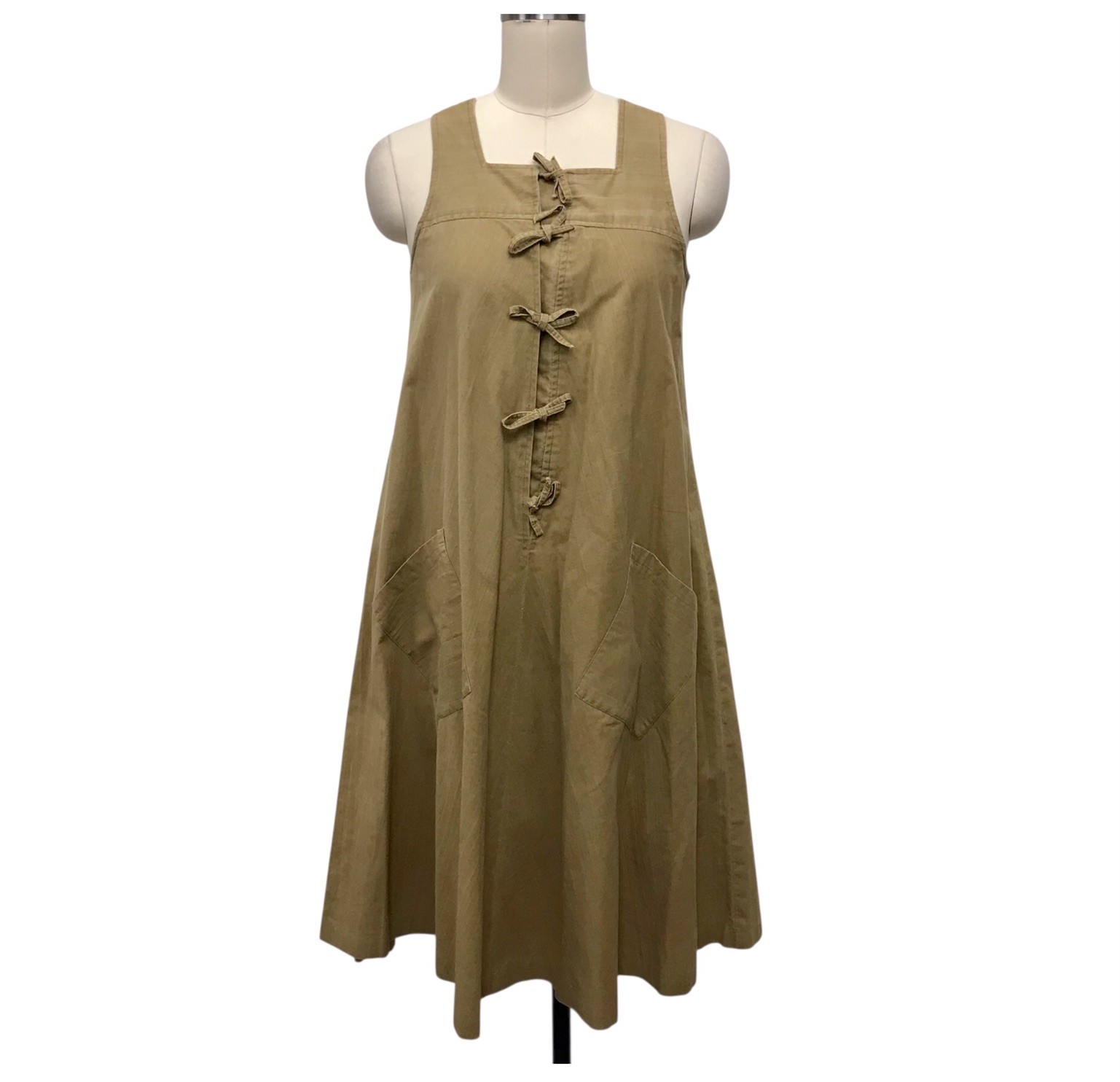 VTG Cotton Square Neck Tent Dress Beige Patch Pockets Prairie Granola Sz 9/10