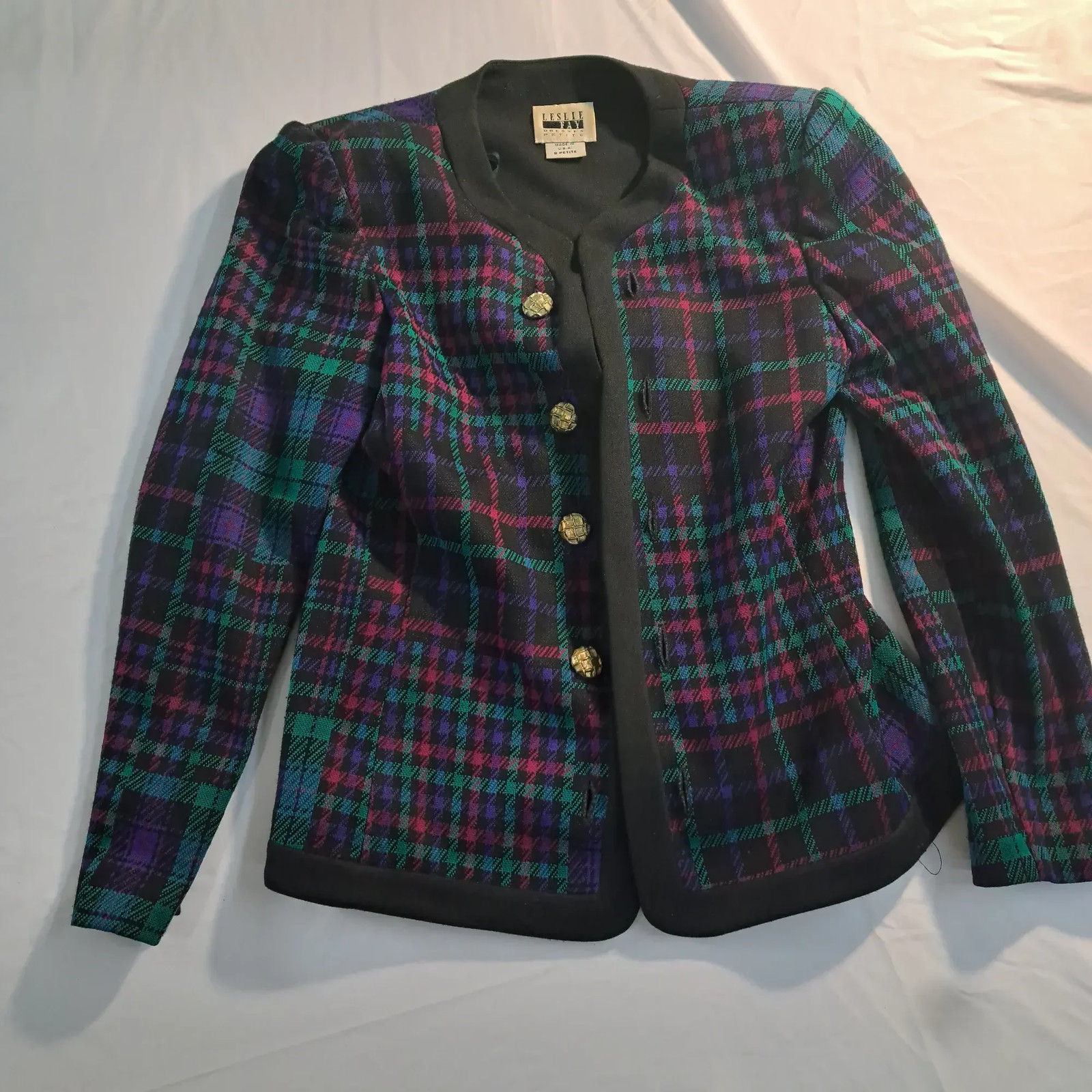 Leslie Fay Womens Jacket 8 Petite Multicolor Plaid Gold Buttons Vintage