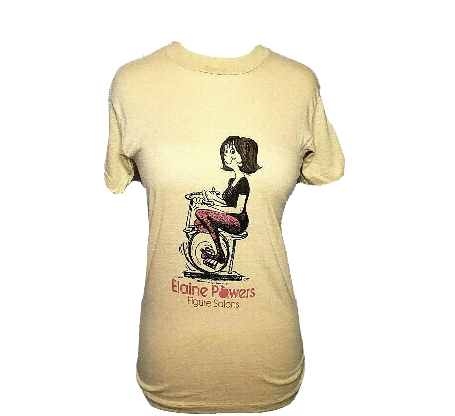devknit Vintage Elaine Powers Tee Shirt Womens Medium 1980 Figure Salons Tan