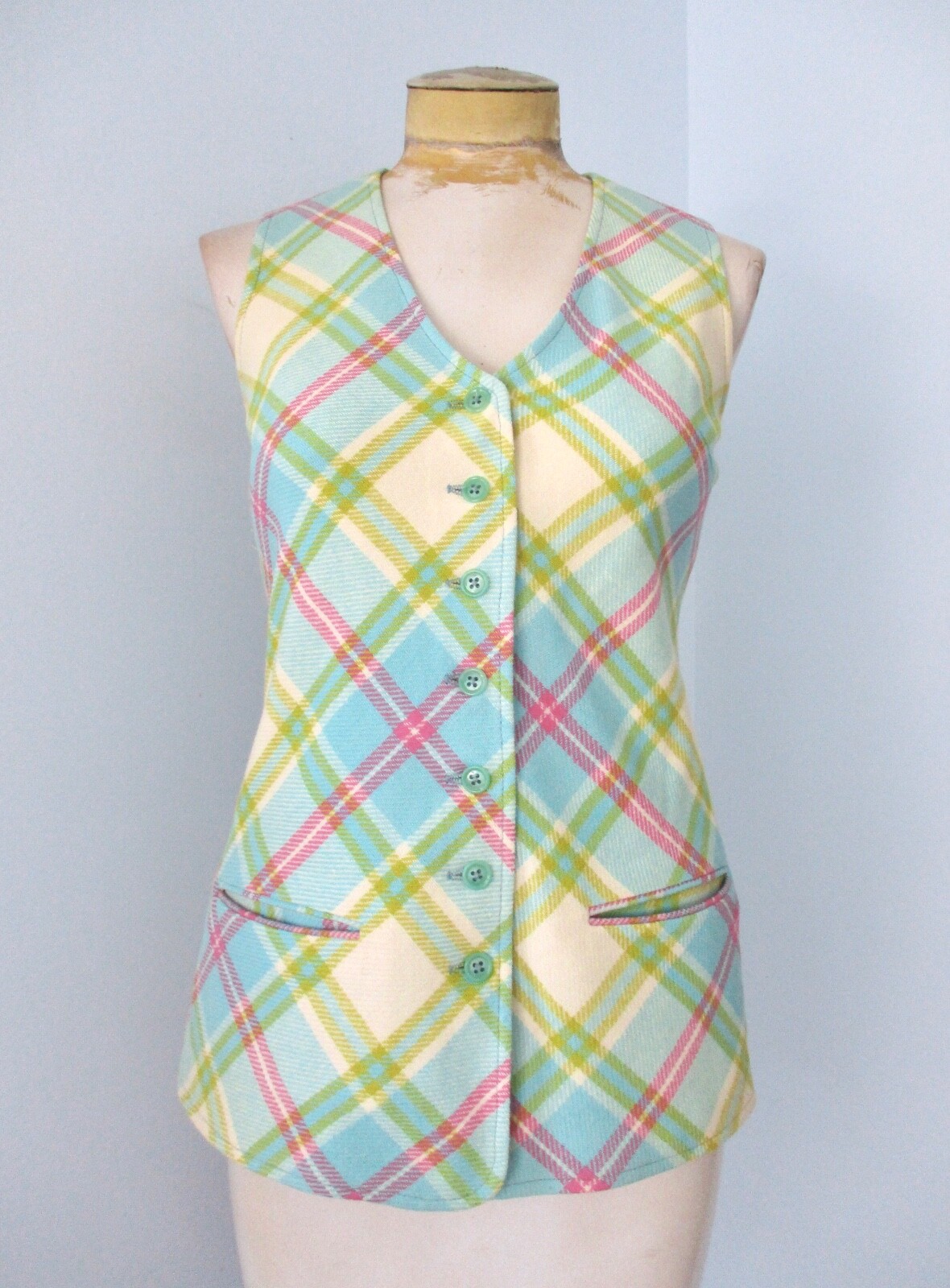 Vtg 60s Mod Blue Pink Green Plaid 2-Pc Bell Bottom Flare Leg Vest Pant Suit 7