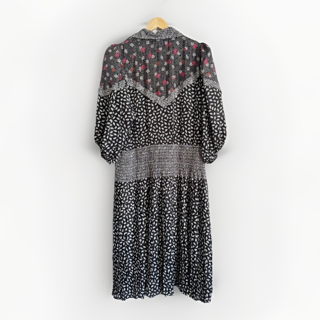 VTG Susan Freis Womens Large Smocked Waist Dress Mixed Print Puff Sleeve Cottage