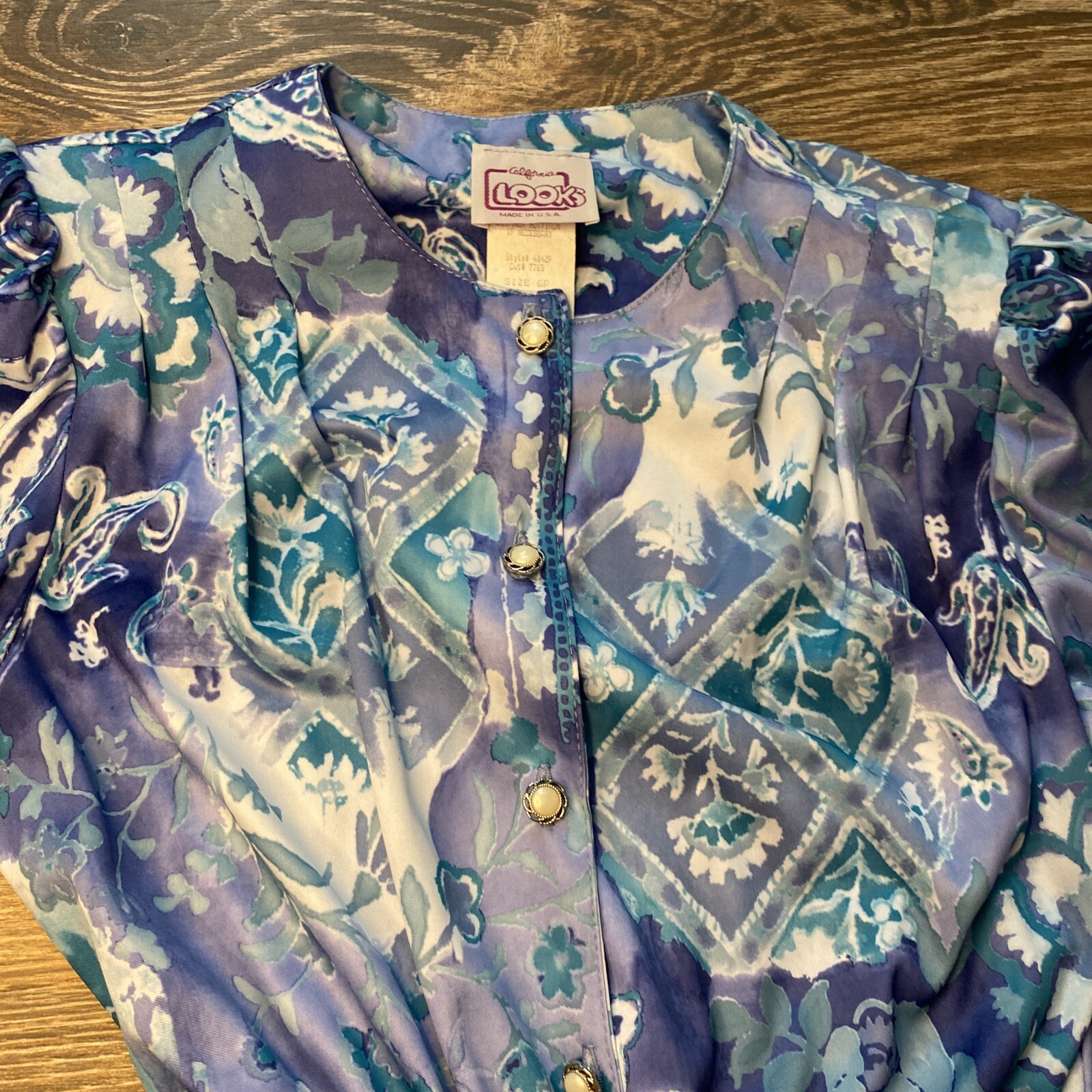 VTG 70s 80s California NEW LOOKS Blue Paisley Belted Tea Day Dress AUTHENTIC