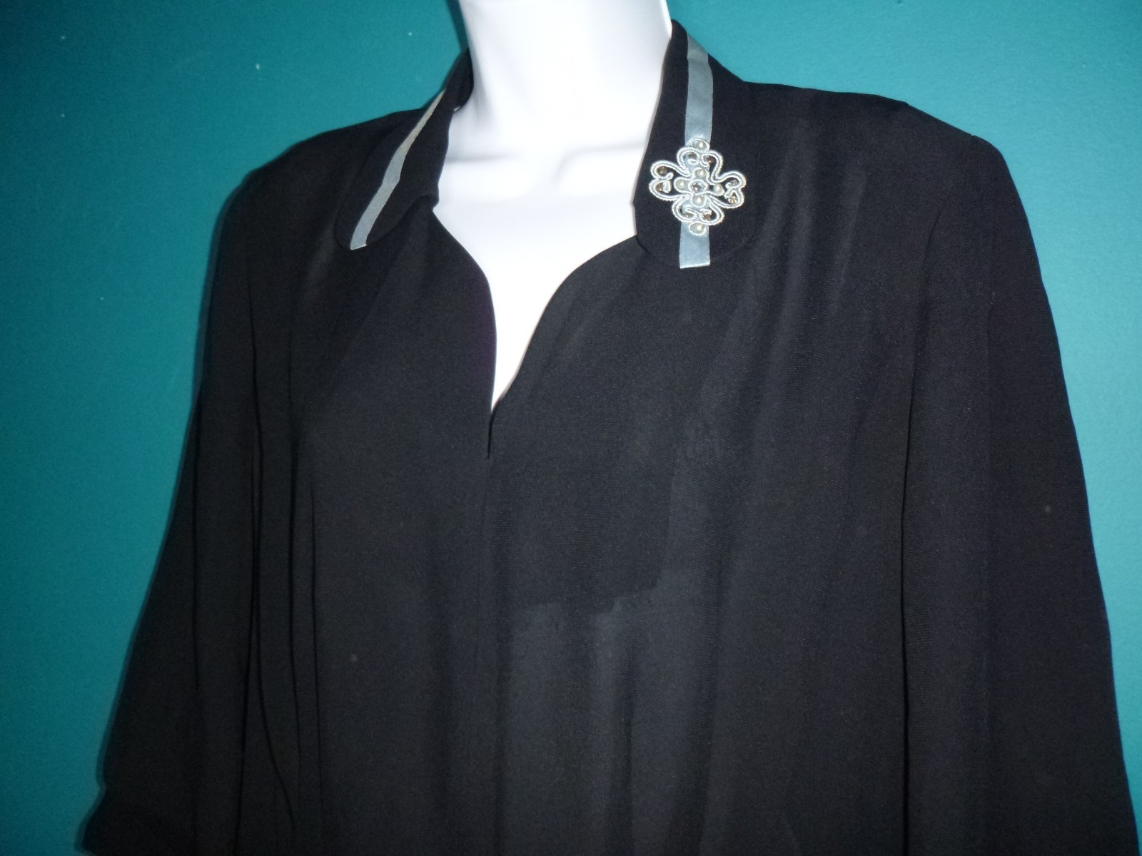 Vtg 1940s Black Crepe Dress Ribbon Pearl Rhinestone Accents VOLUP Sz XL/XXL