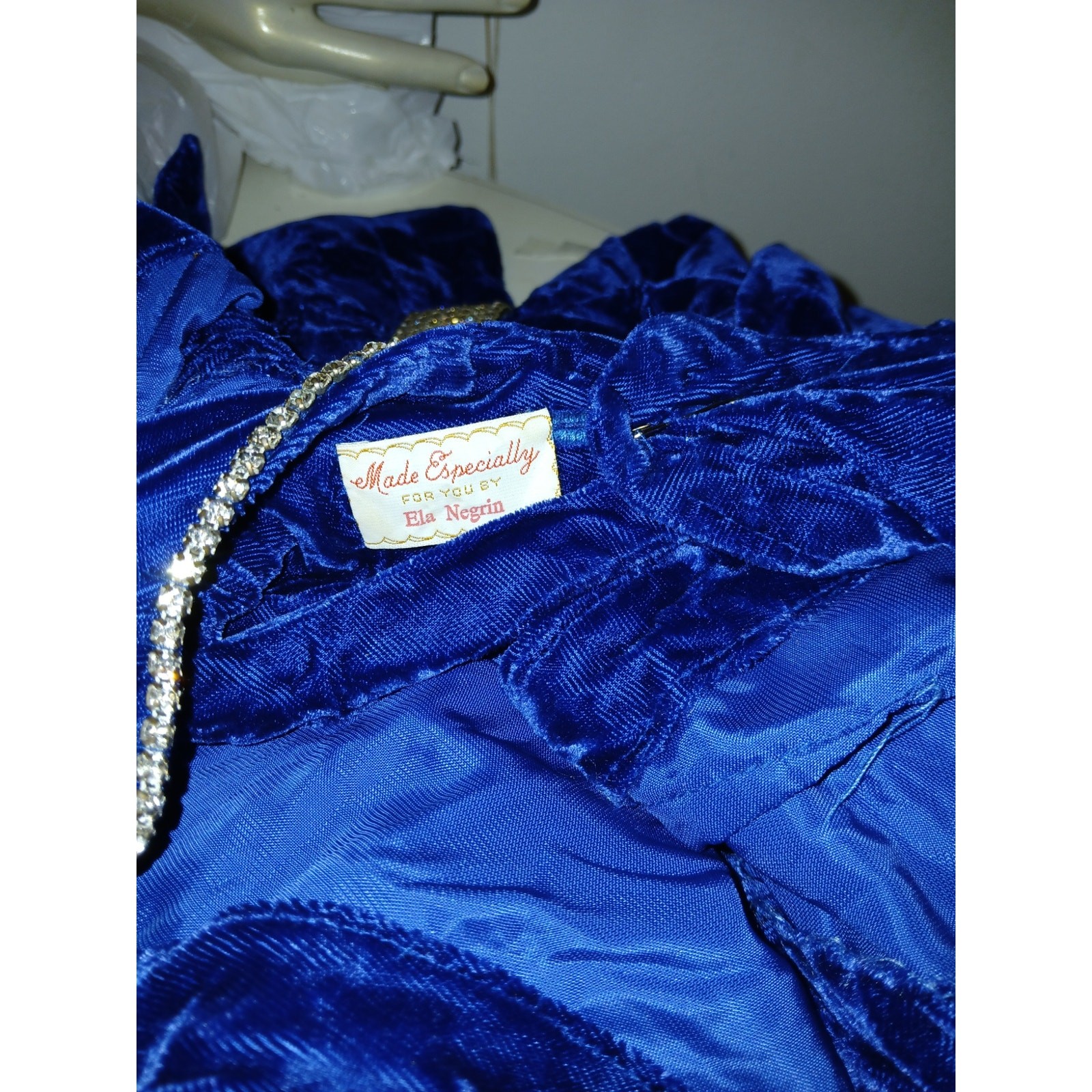 Vintage 1980s Blue Velvet Bodice Party Dance Dress Tiered Tulle Skirt Rhinestone