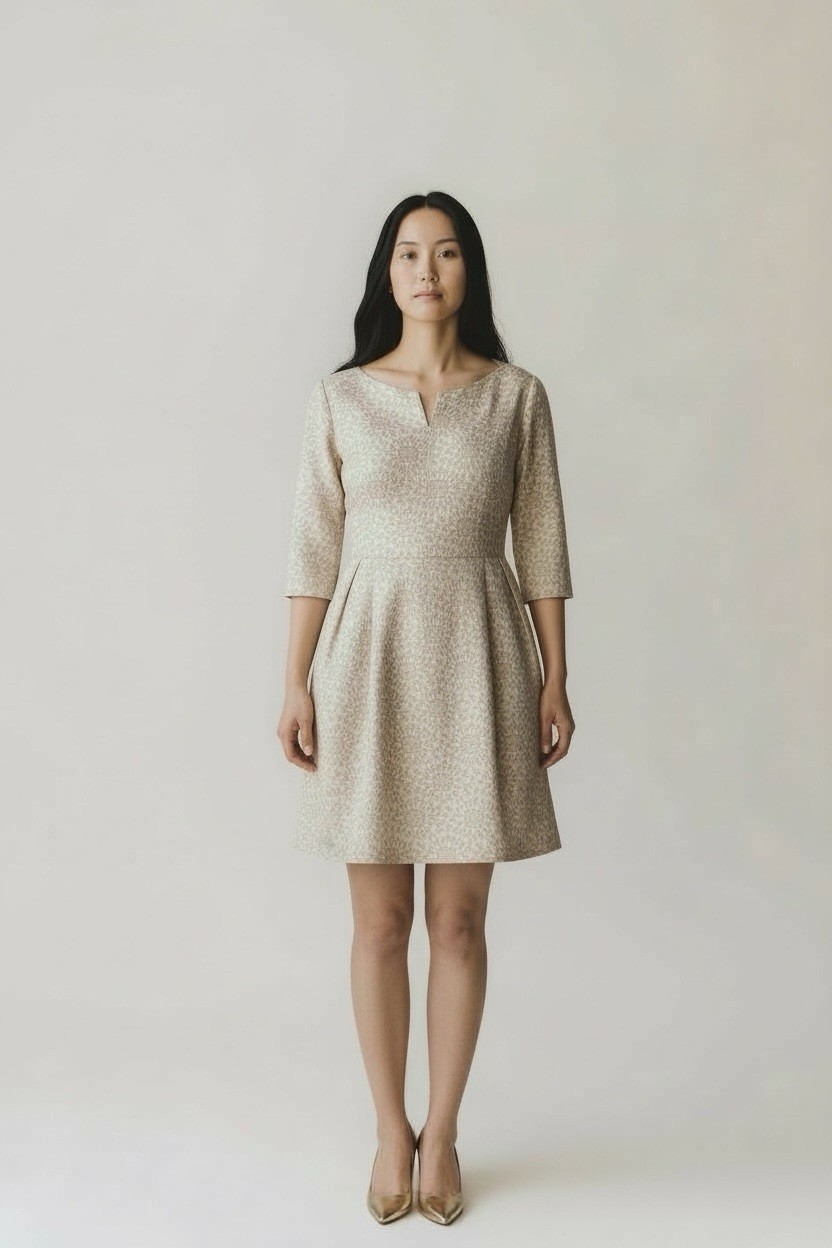 VTG 50/60’s Cream/Gold Jacquard floral zip dress Size 8 Hand made (flawed)