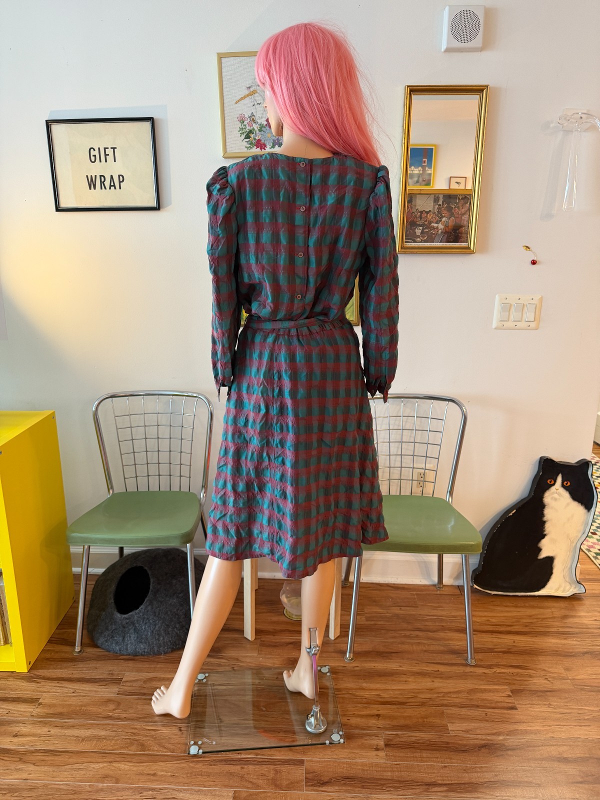 🎀 Vtg 70s Asian Export Plaid Cotton Batwing Pussy Bow Top Skirt Buckle Dress M