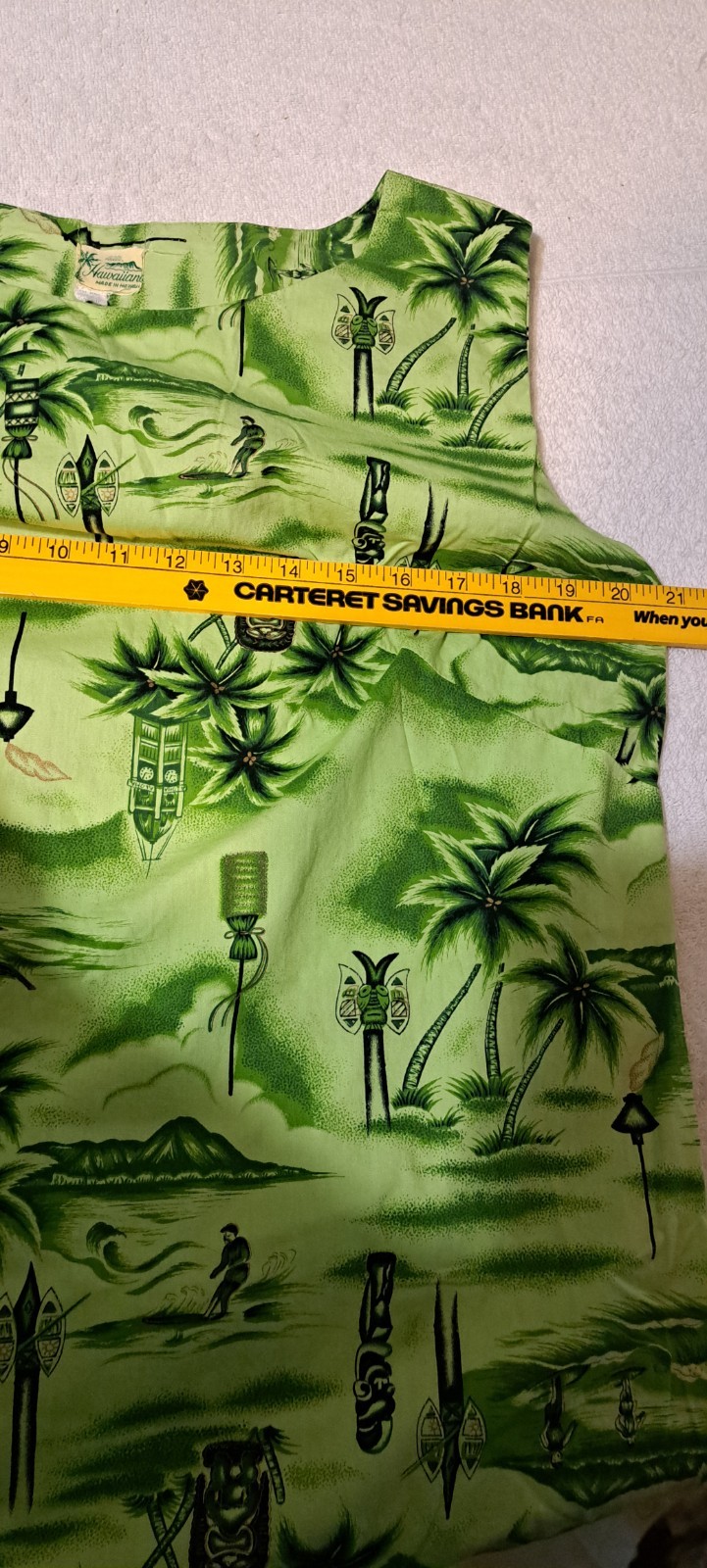 Vtg 60s Hawaiiana Sheath Dress Green Tiki Surfers Made In Hawaii Medium