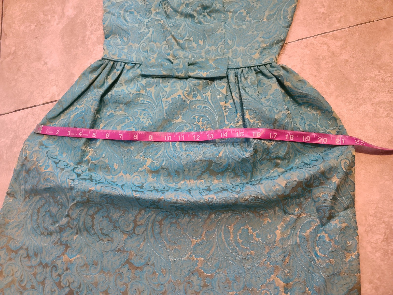 VTG 1960s Turquoise Blue & Gold Brocade Maxi Dress Women’s XS Bow Detail