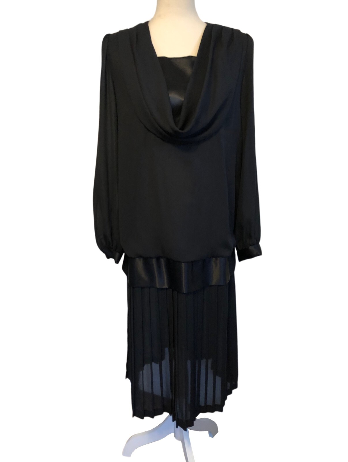 vtg LADY CAROL Black Chiffon Blouson Dress Sz 14 Pleated Drop Waist 80s 90s