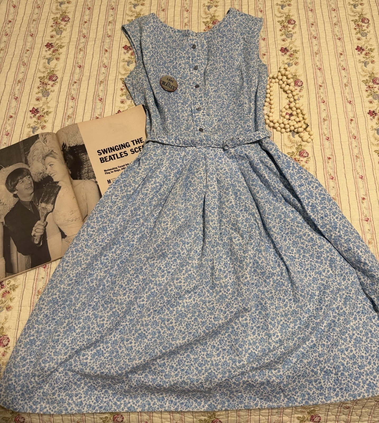 True Vintage Early 60s Blue Novelty Prairie Floral Full Skirt Dress Belt XS S