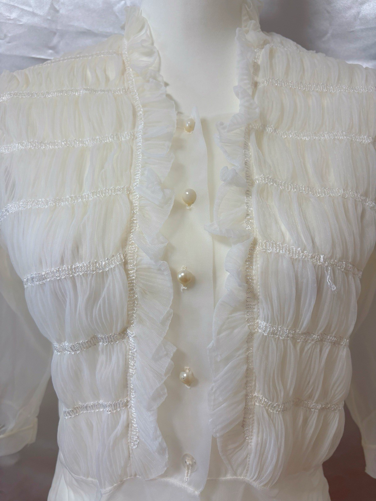 Vintage 60s 70s Nylon Chiffon Ruffled Blouse Lingerie Sheer Top Peplum USA Made