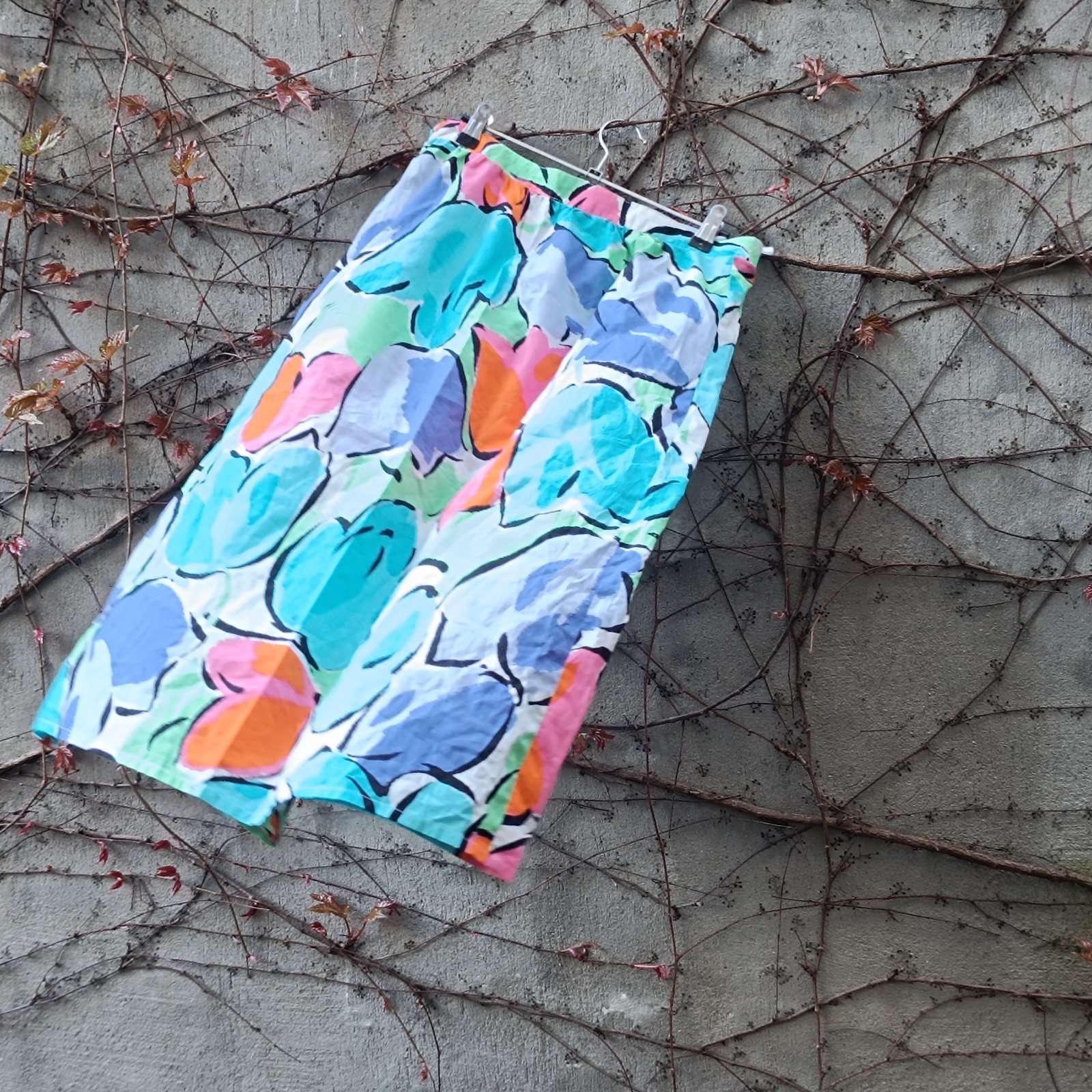 Vintage Midi Skirt Floral High Waist Cotton Multicoloured 70s A Line