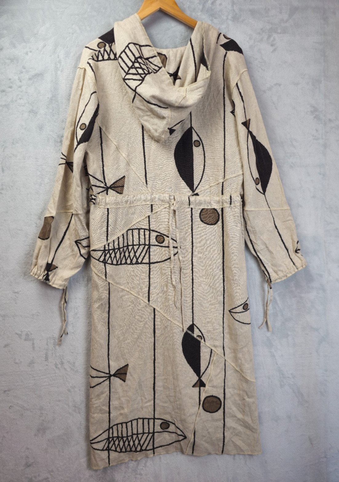 Vtg Terracotta Linen Blend Hooded Fish Tropical Coverup Dress Side Front Slit