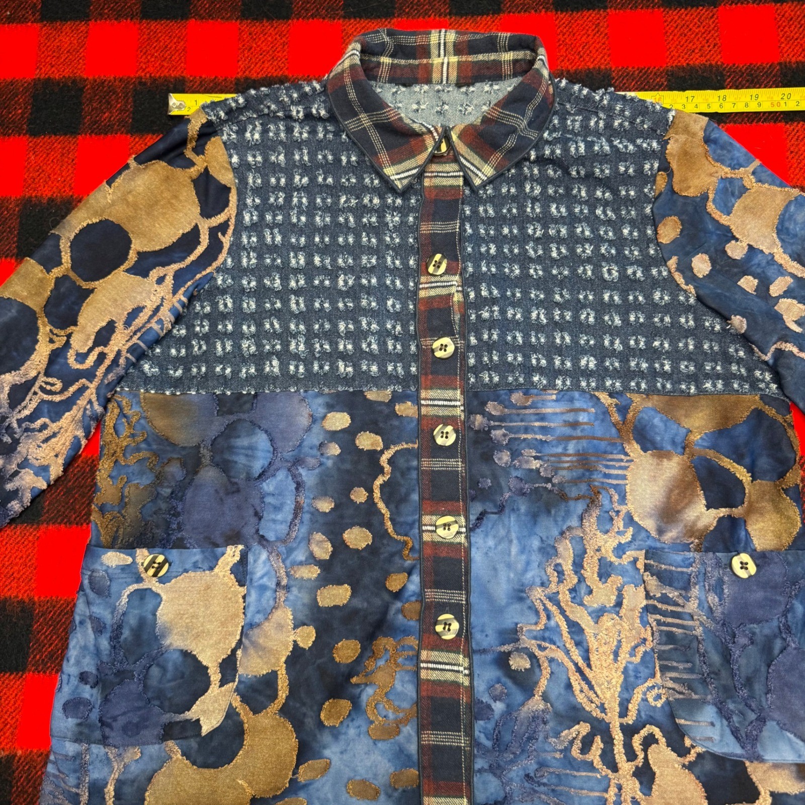 Vintage 90s Style Patchwork Blouse Wearable Art Denim Floral Plaid Boho Shirt