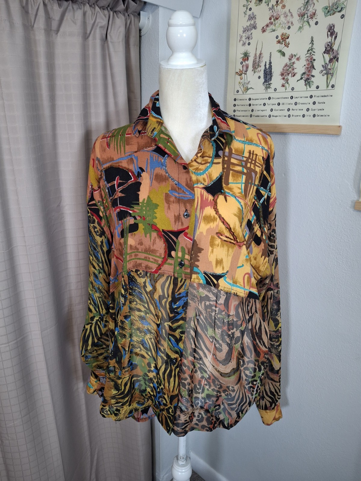 Vintage Sebatu Hand Printed Long Sleeve Shirt Abstract Print Hi-Lo One Size