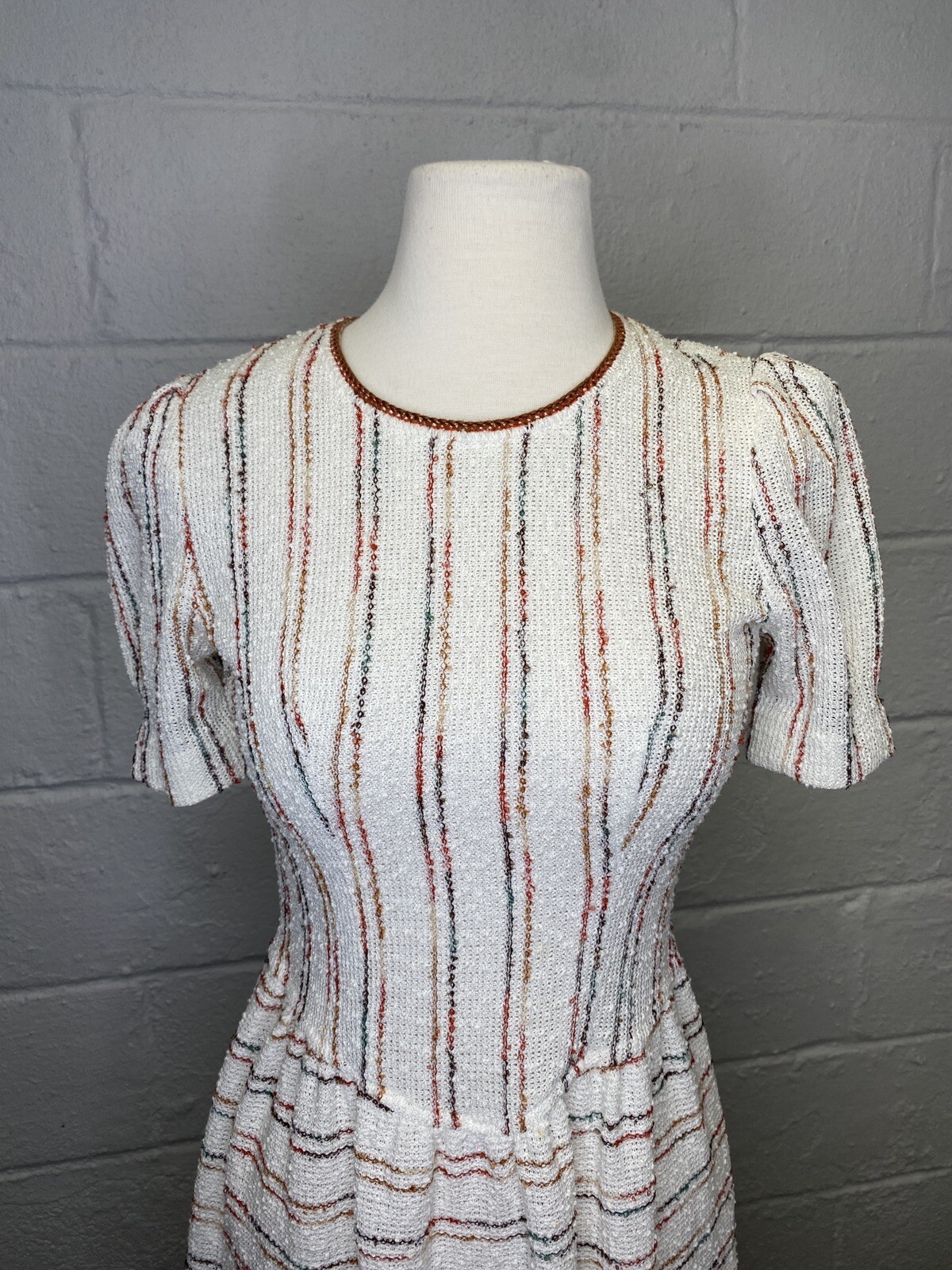 Vtg 70s 80s Day Dress Rainbow Sz 6 Small Nubby Fabric Stripe Resort Cream Woven