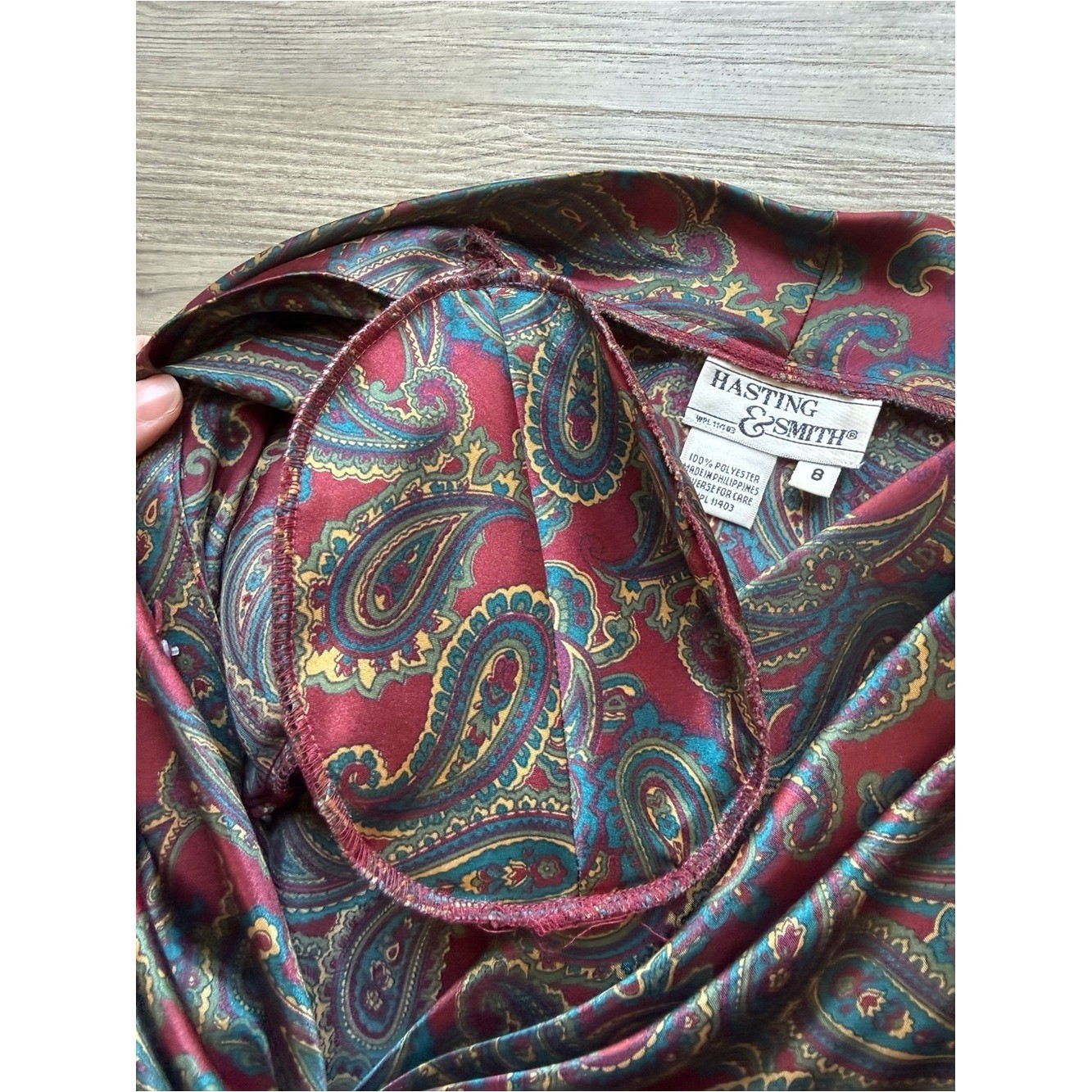 Vintage Hastings & Smith Paisley Satin Blouse Womens Size 8 Burgundy Teal 90s