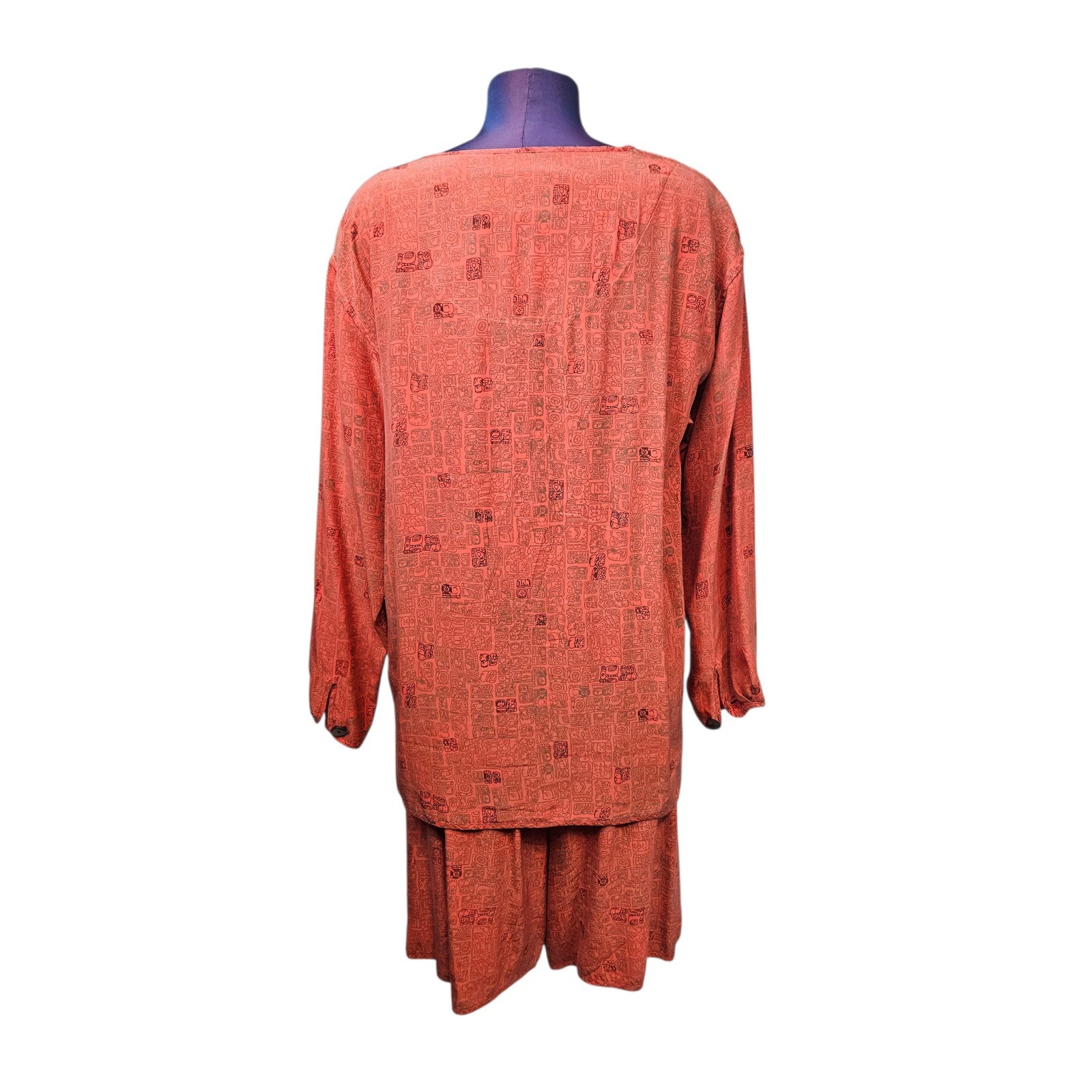 Vintage Silk Terracotta Mayan Glyph Print Tunic & Culottes 2 Piece Set Womens