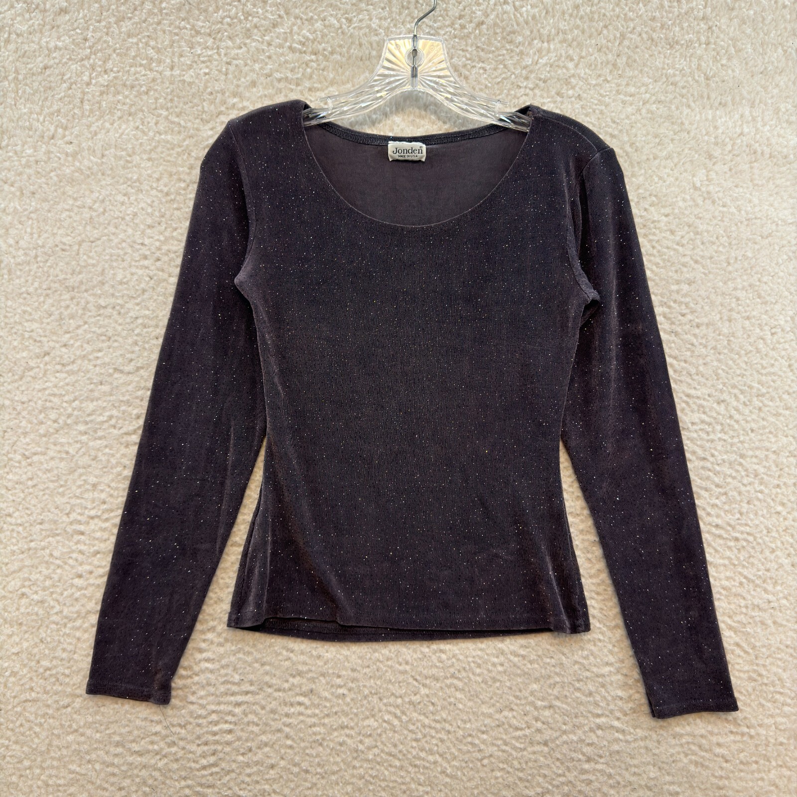 90s Vintage Top Medium Purple Grey Slinky Stretch Glitter Sparkle Long Sleeve
