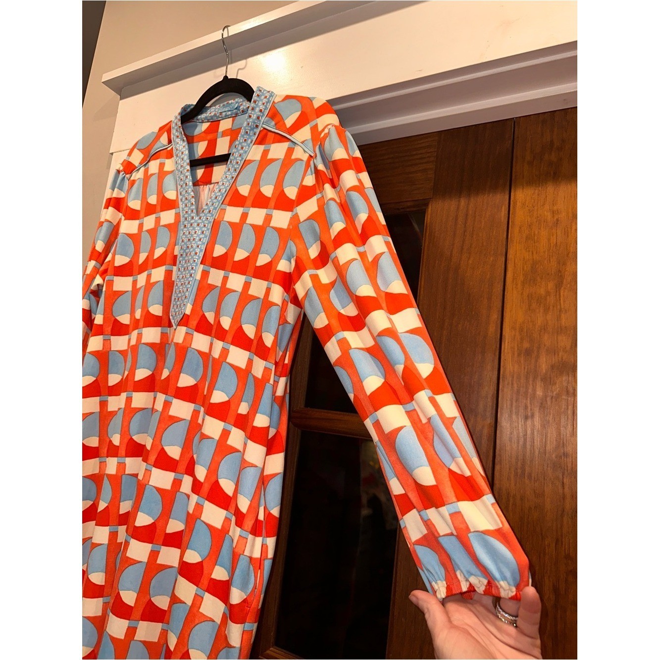 J. McLaughlin Size Large Retro Geometric MIDI Dress in Coral & Light Blue