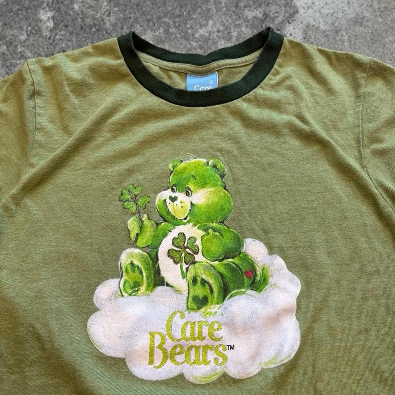 Rare Vintage Y2K 2003 Green Care Bears Lucky Clover Baby Tee Ringer Tshirt