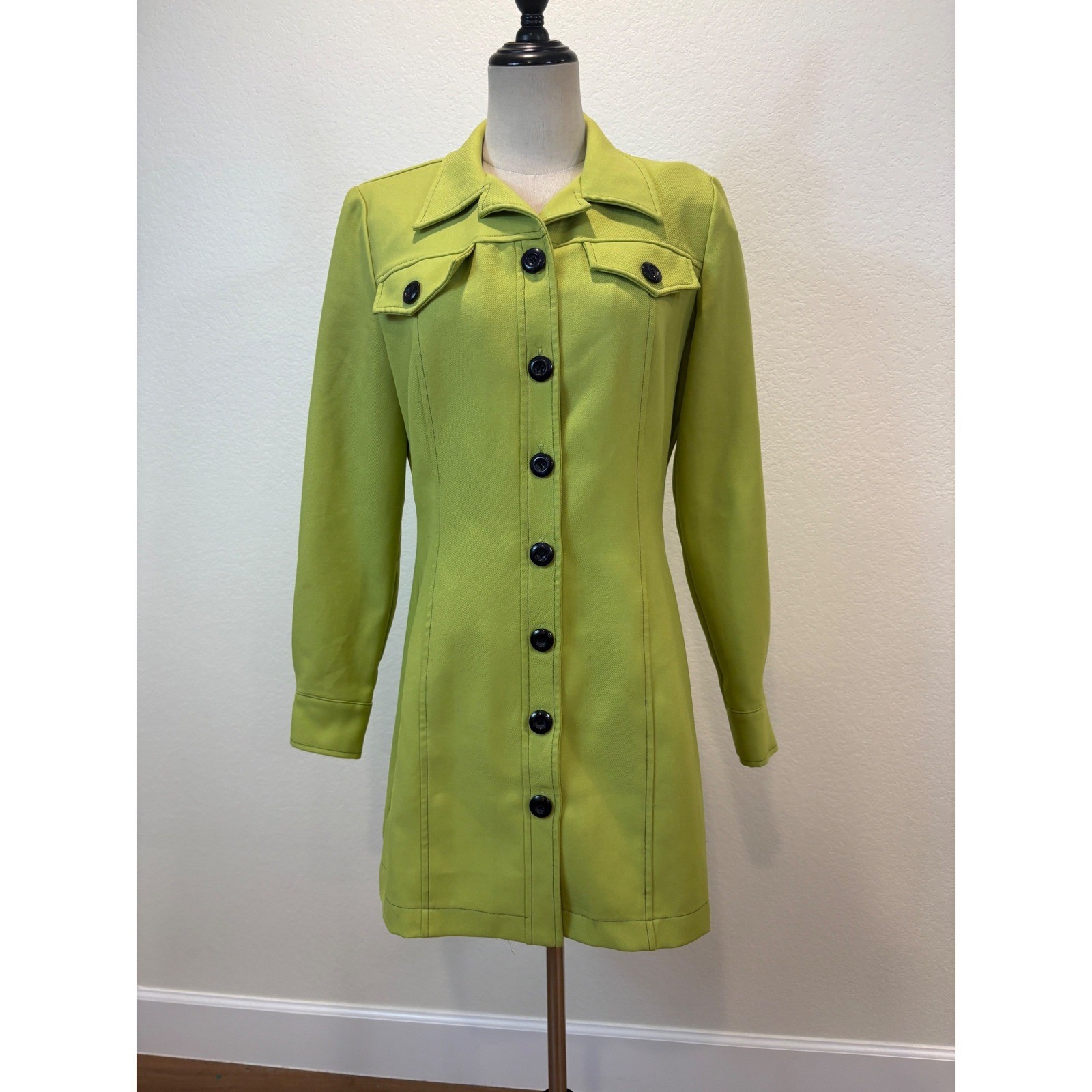 Vtg 90s A-List by Wrapper Mini Dress 9 Green Button Front Retro 60s Mod Gogo