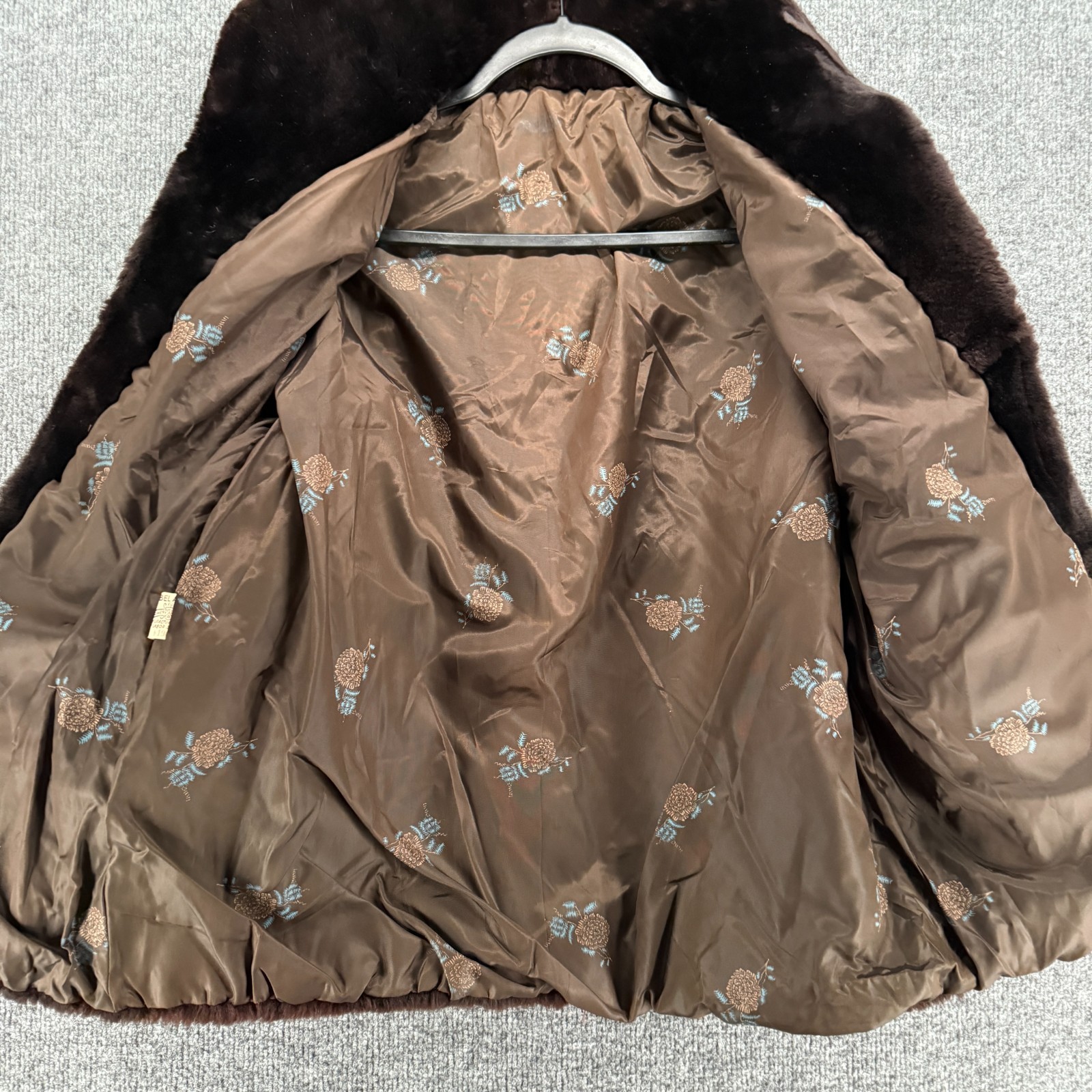 Vintage Chocolate Brown Fur Jacket Union Label Floral Lined Crop Coat Womens S