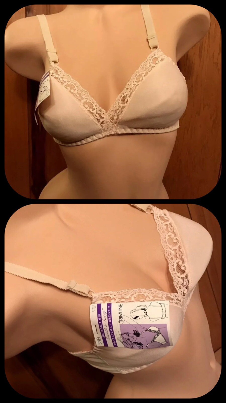 Vintage Bra Lycra Polyester Beige Spandex Lace Nude Adjustable 1970s NEW 34B