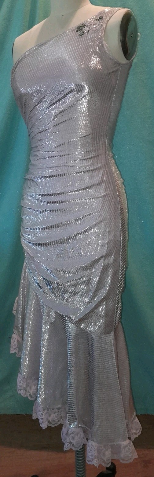 Vtg 1970s 80s Disco Silver pink One Shoulder NEW LEAF samir Party Club Dress XS