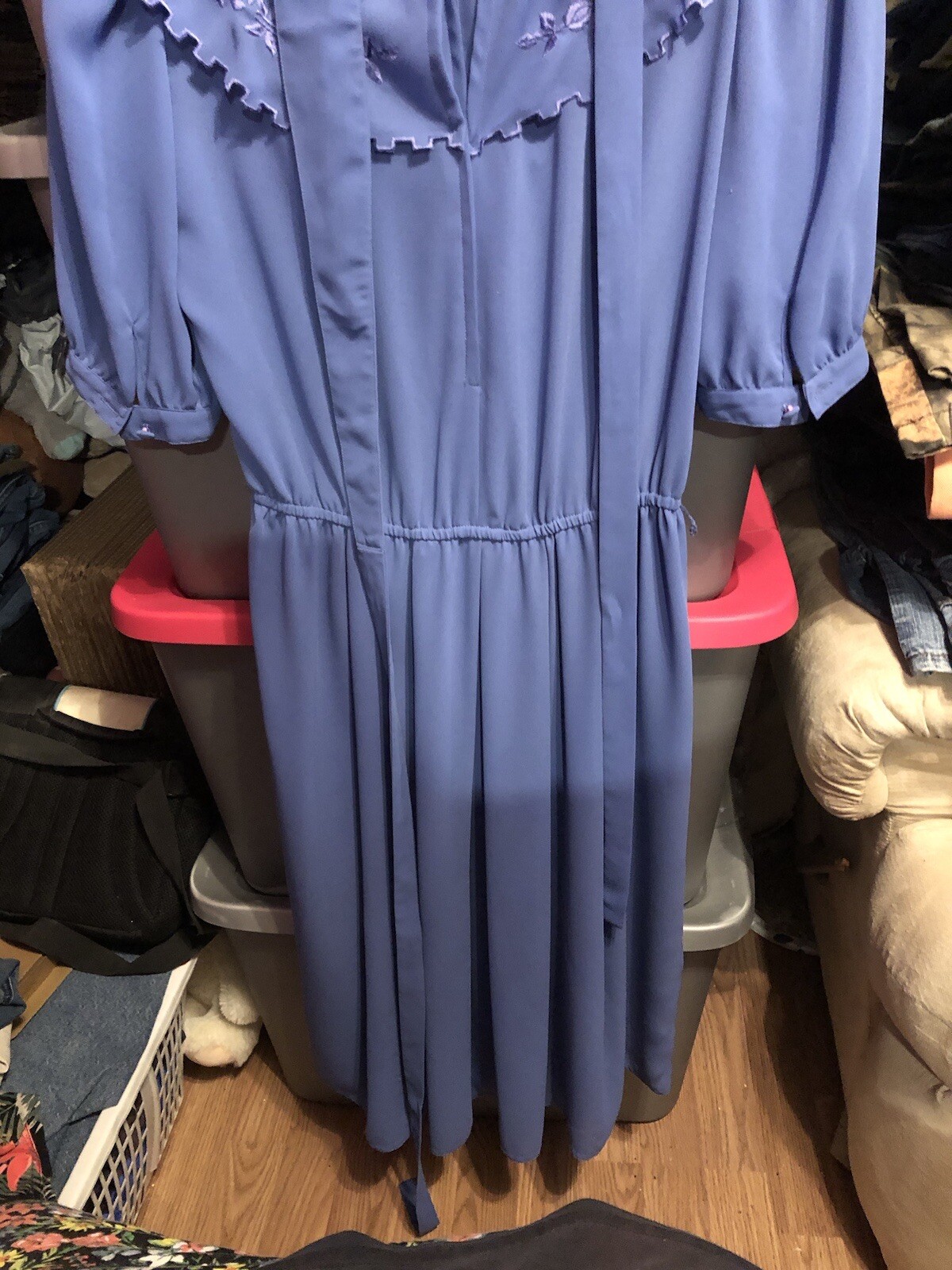 Vtg Billy Jack for Her 11/12 Blue Floral Embroidered Blouson Sheer Belted Dress