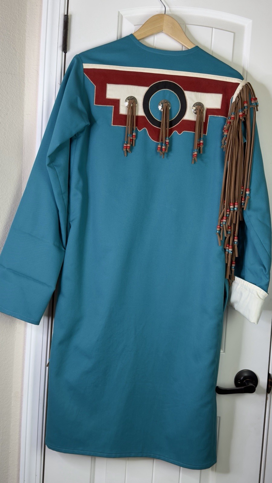 Vintage Handmade Long Duster Coat Native Appliqué Design Beaded Fringe Southwest