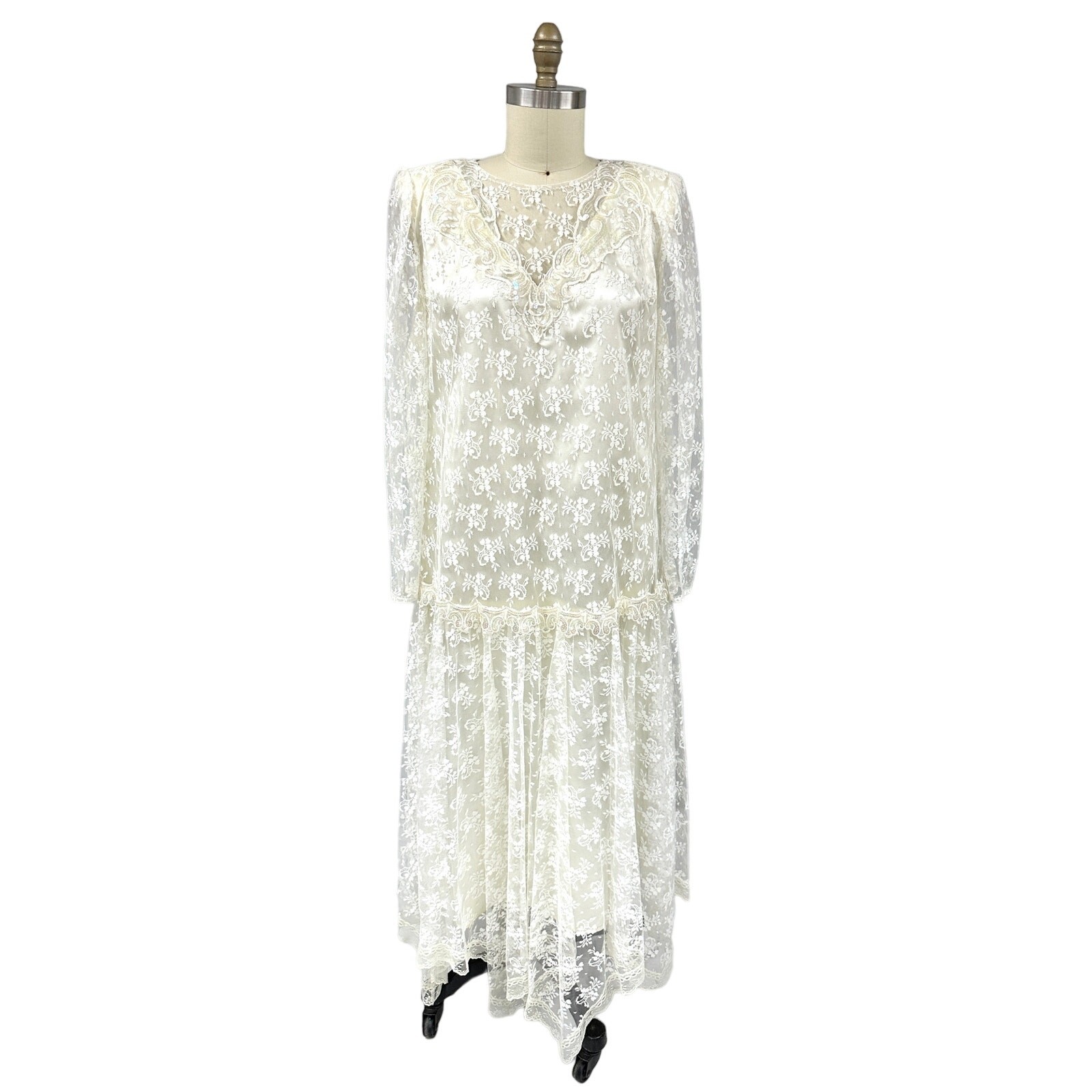 1980s Vintage Scott McClintock Ivory Lace Dress 1920s Style Wedding 16W gatsby