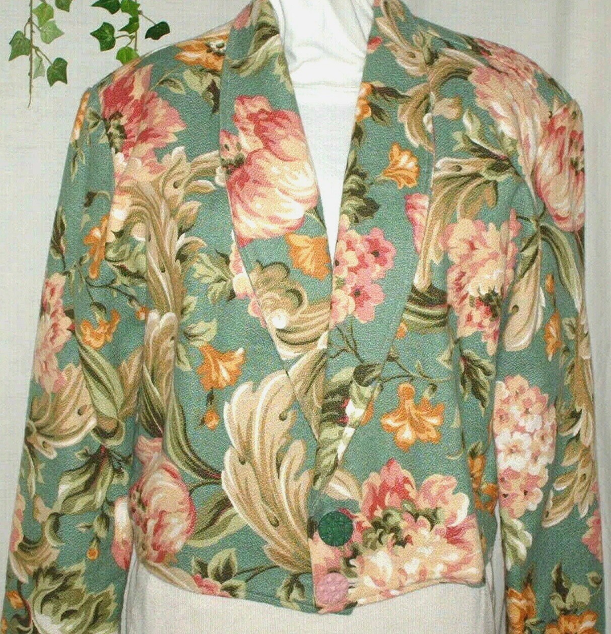VTG 80’s Artsy Green Floral Retro Fabric CottageCore Bomber Jacket Sz L
