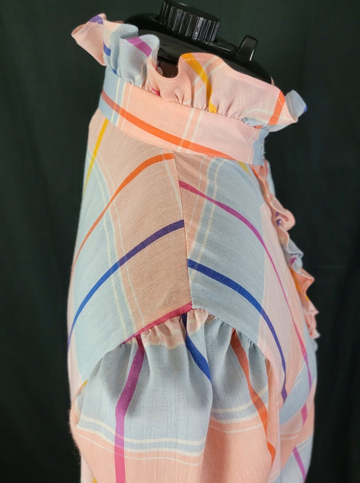 Vtg Lucky Winner Peach/Blue/Pink/Purple Plaid Top w Ruffled Collar Size 11/12