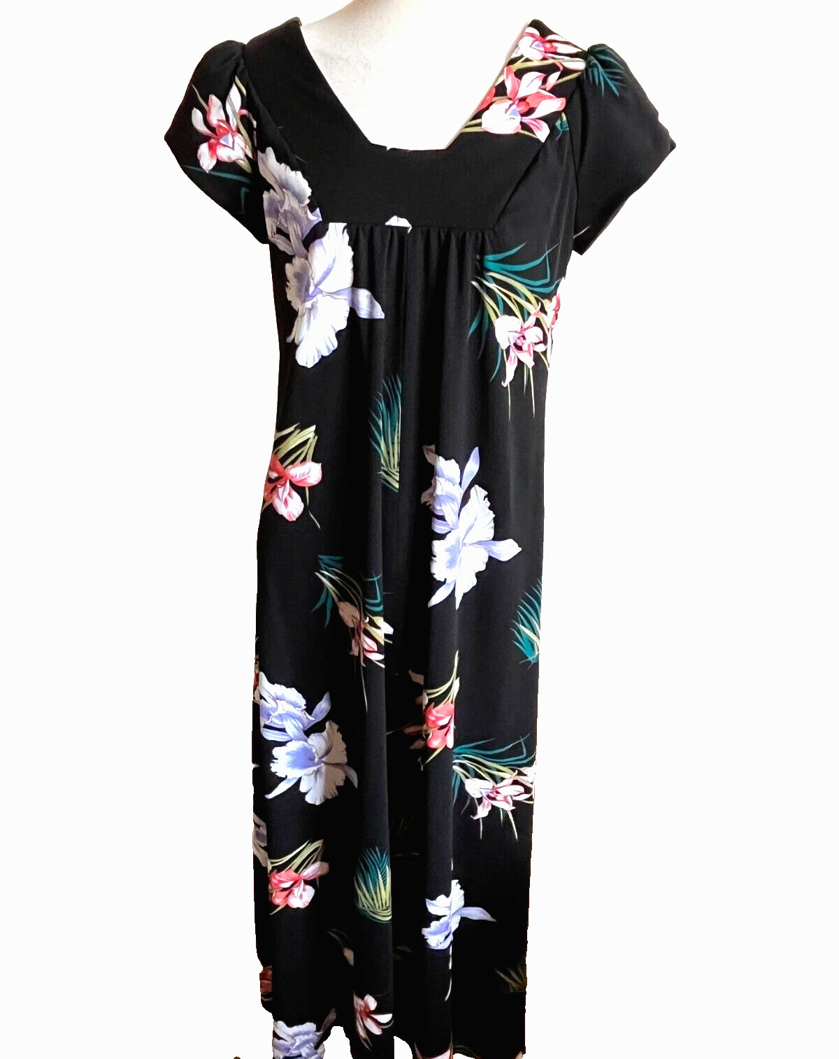 Liberty House Naturally Yours Hawaii Maxi Dress Size 12 Black Floral 70s Vintage