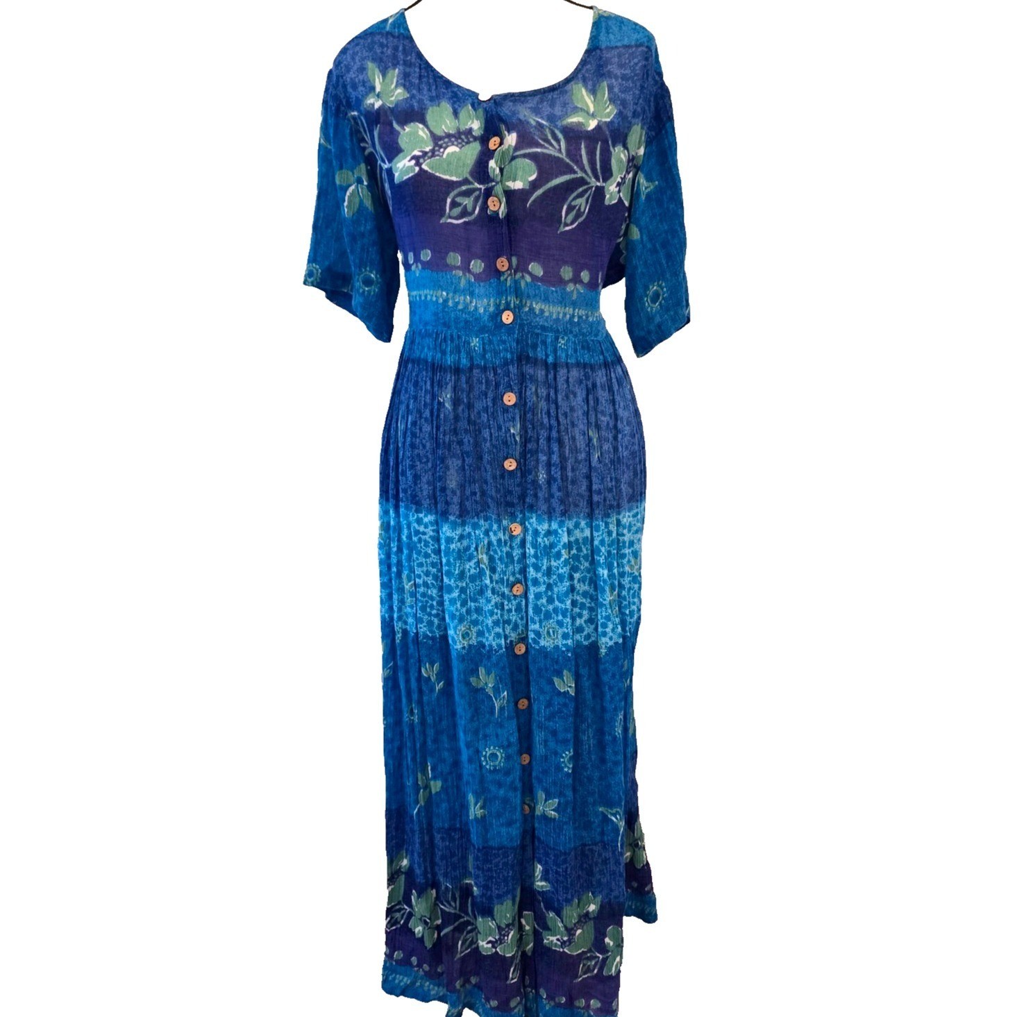 Vintage 1990s Jasmine KVM Maxi Dress Womens M Blue Batik Floral Button Front 90s