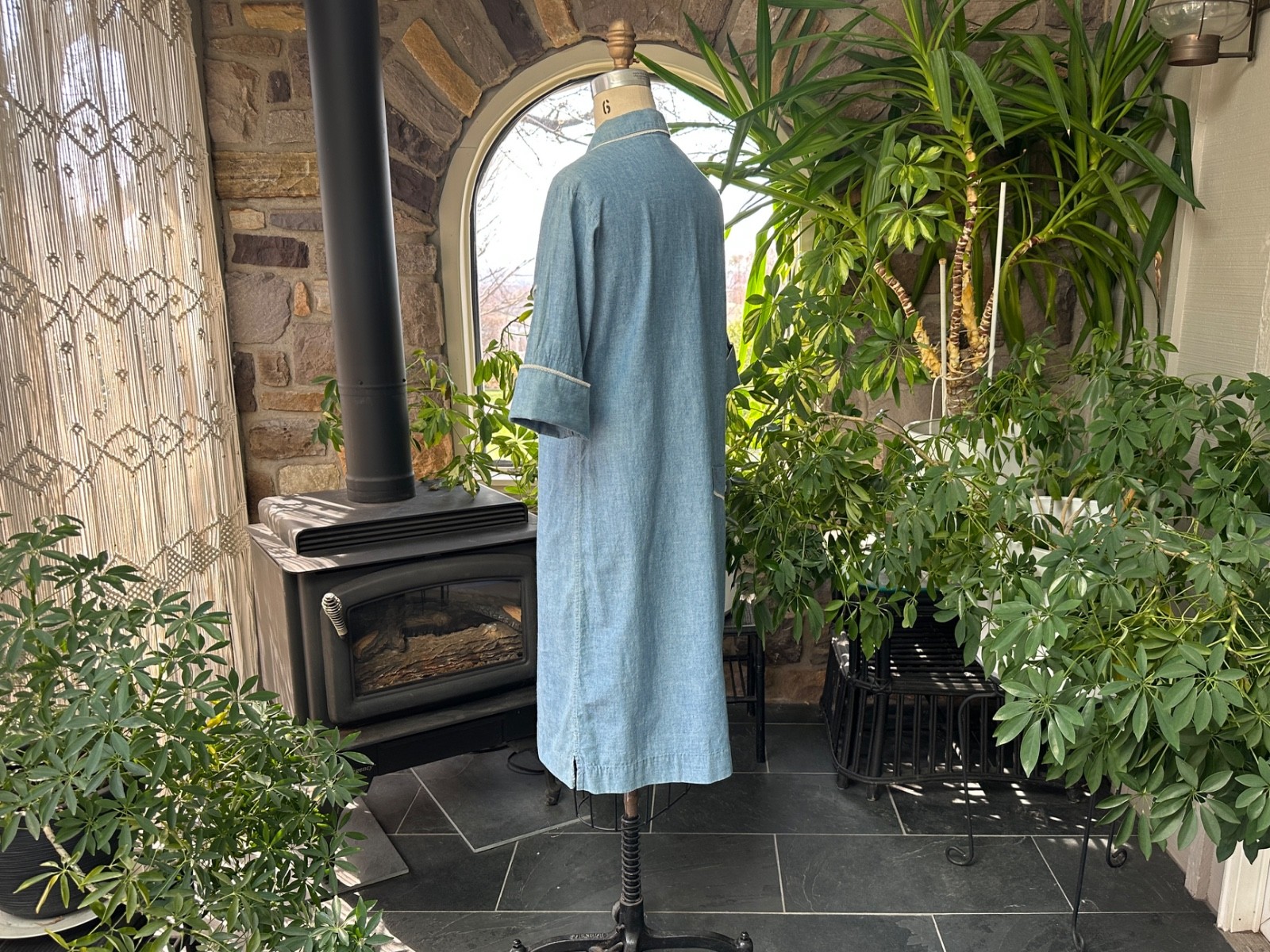 Vintage 1960s Blue Chambray White Lace Trim Shirtdress Langtry Ltd