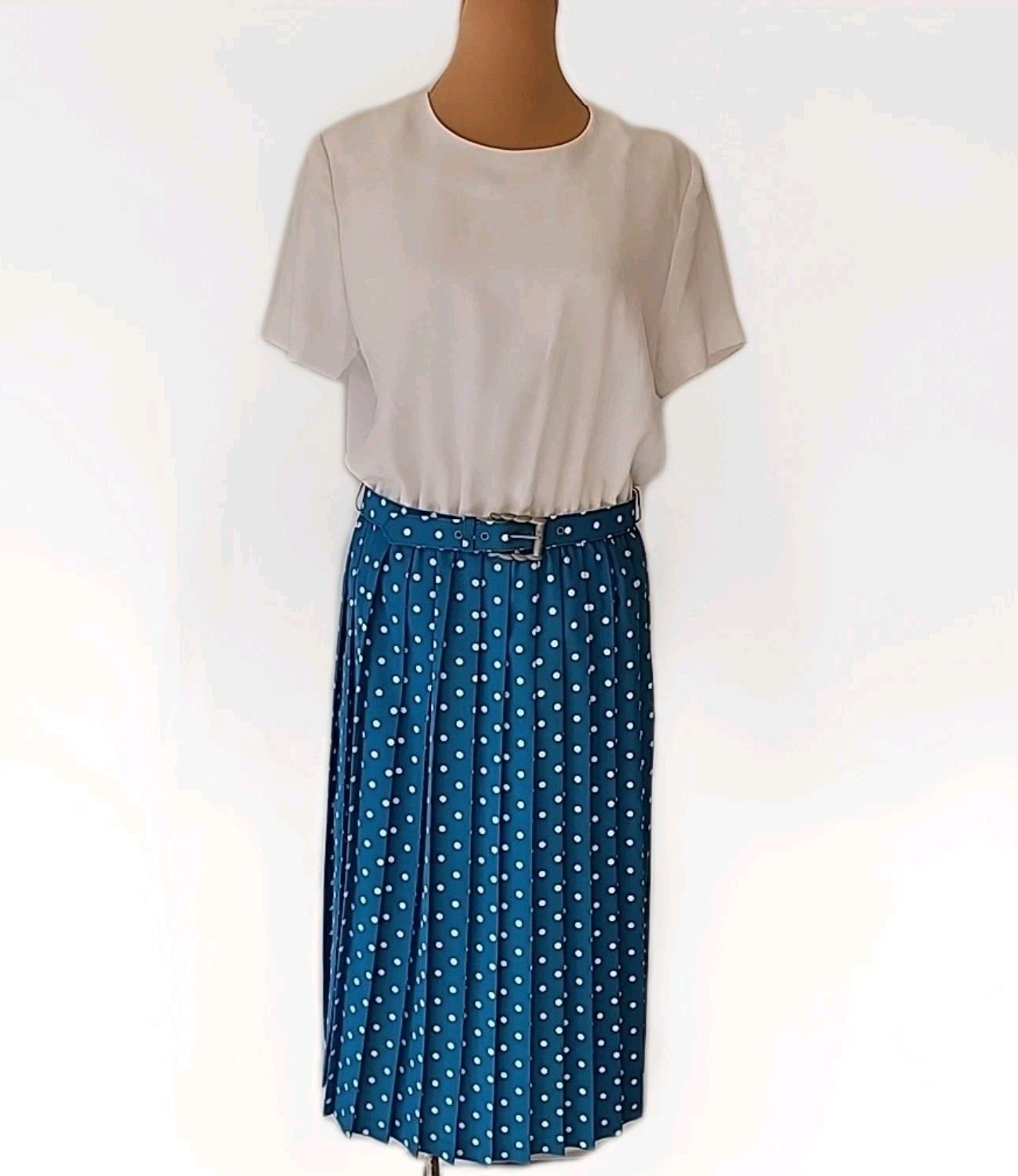 Vintage 80s Leslie Fay Petite Women’s Secretary Pleated Midi Dress Polka Dot 10