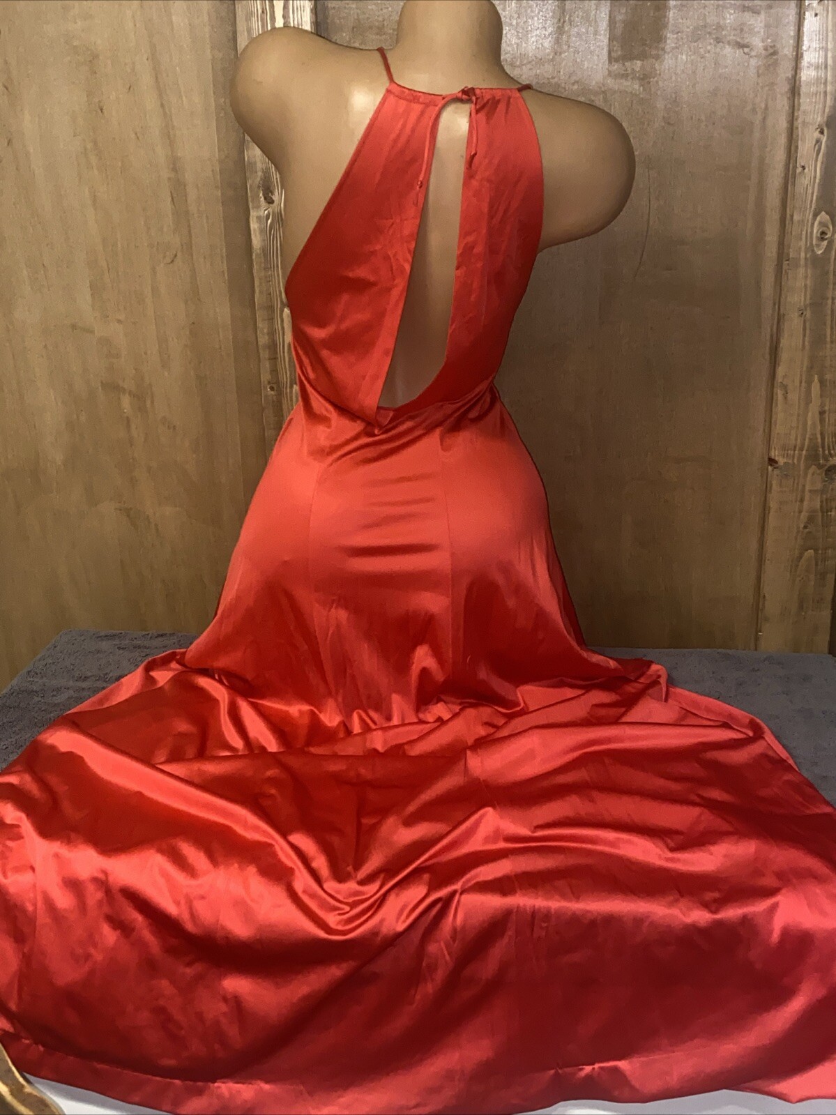 Vintage Vanity Fair Long Red Satin Nylon SZ 32 Flowing Nightie Dress Slip #15