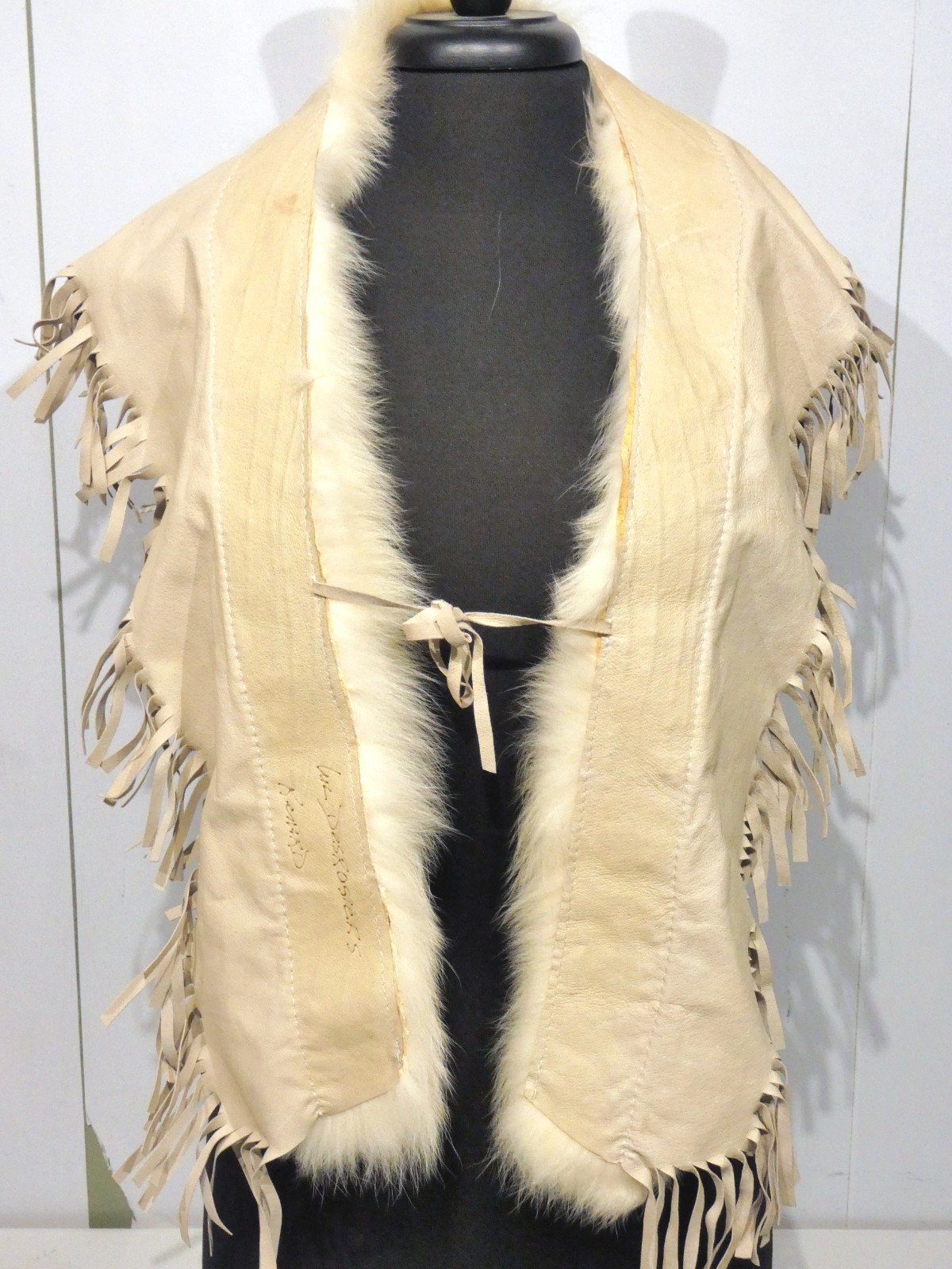 Luc Desrosiers Tan Leather White Fur Frilled Shawl Cape Signed Authentic