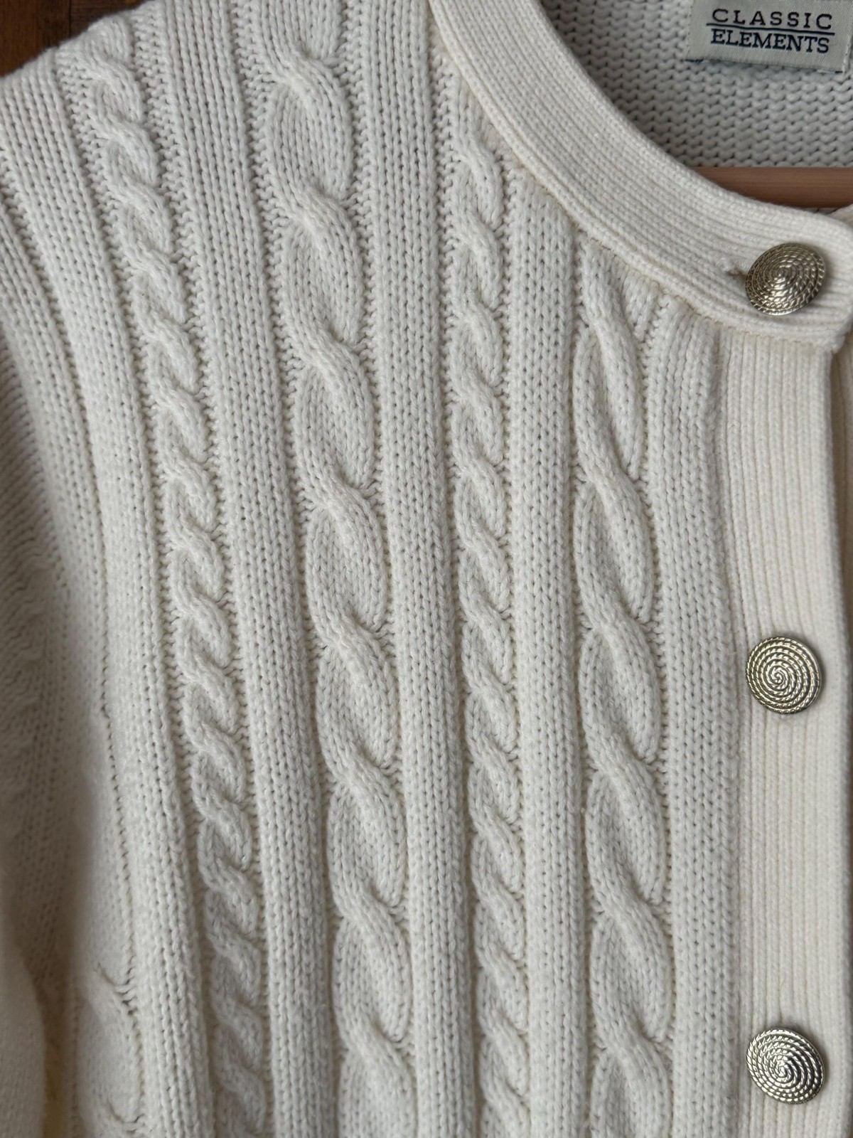 Vintage 90s Classic Elements Ivory Cable Knit Cardigan Sweater Size Large