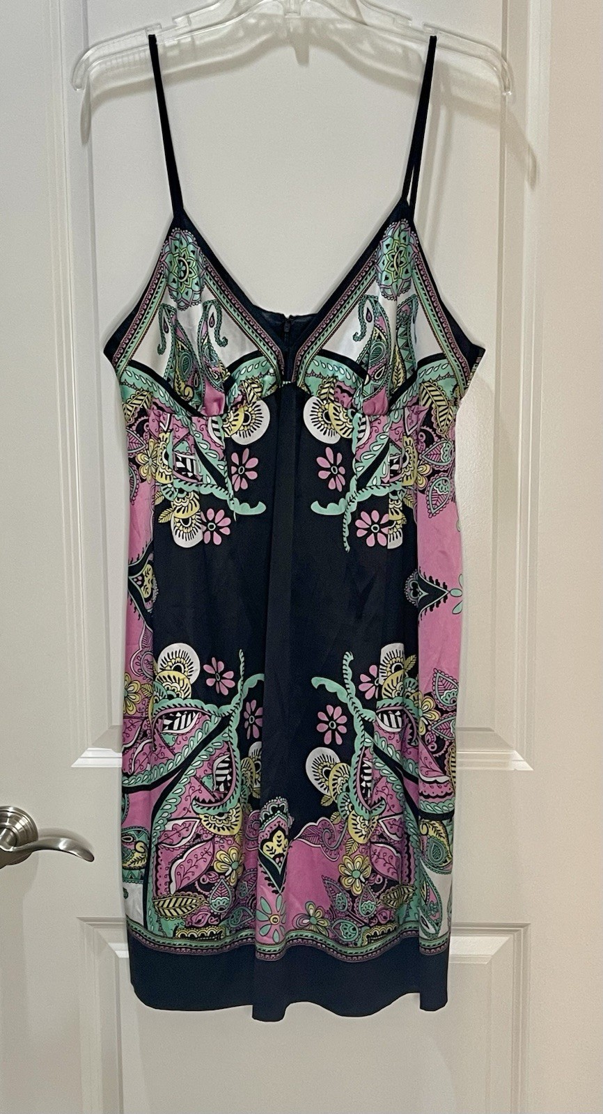 Vintage Y2K Ice Pink & Black Satin Slip Dress Paisley Spaghetti Straps Size 14