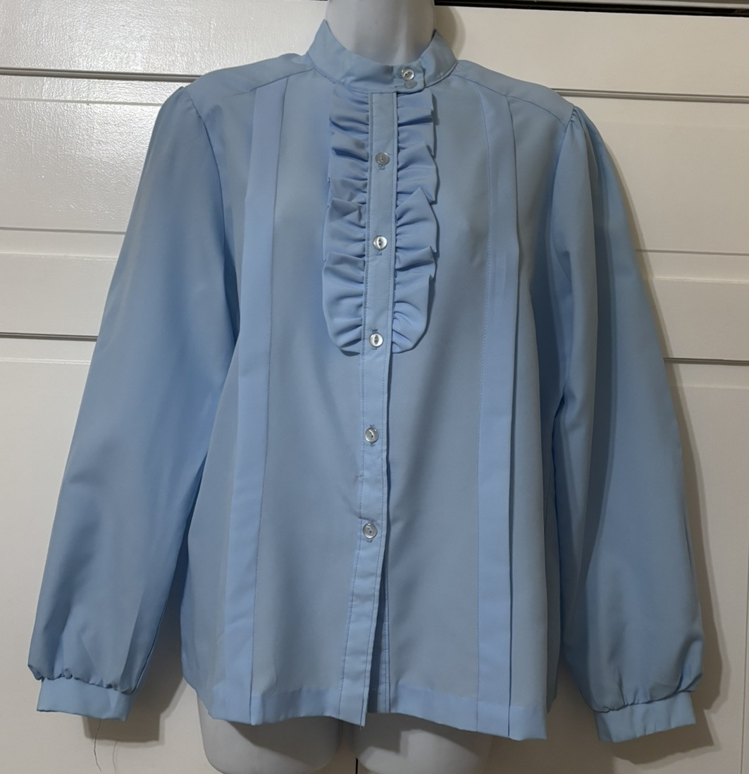 Vintage Shirley of Atlanta Blue Ruffled button up blouse Secretary USA Size 36
