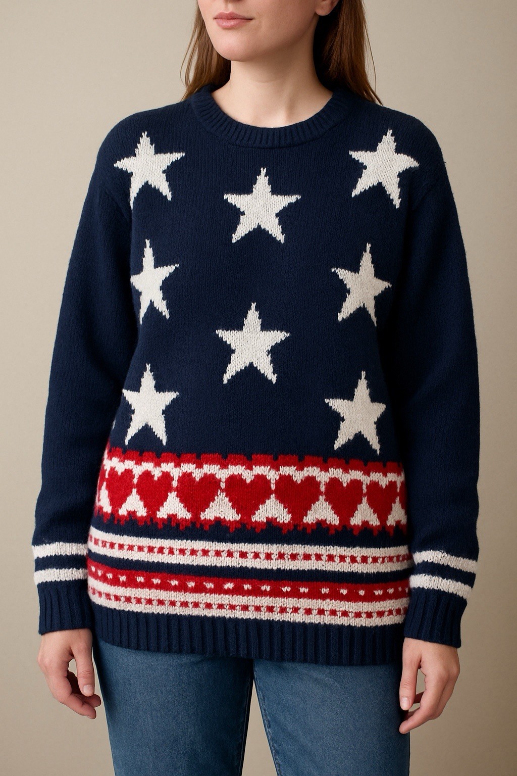 Claudia D. Star Heart Knit Sweater Womens L Navy Blue Good Vintage Americana