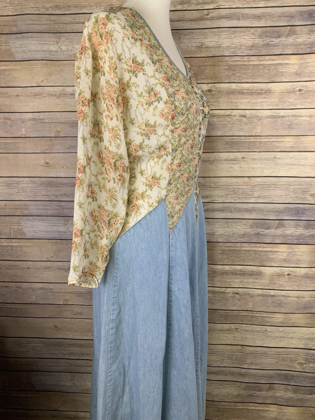 Vintage Tickets Womens Dress Denim Floral Mixed Zip Back Boho Long Cottage Core